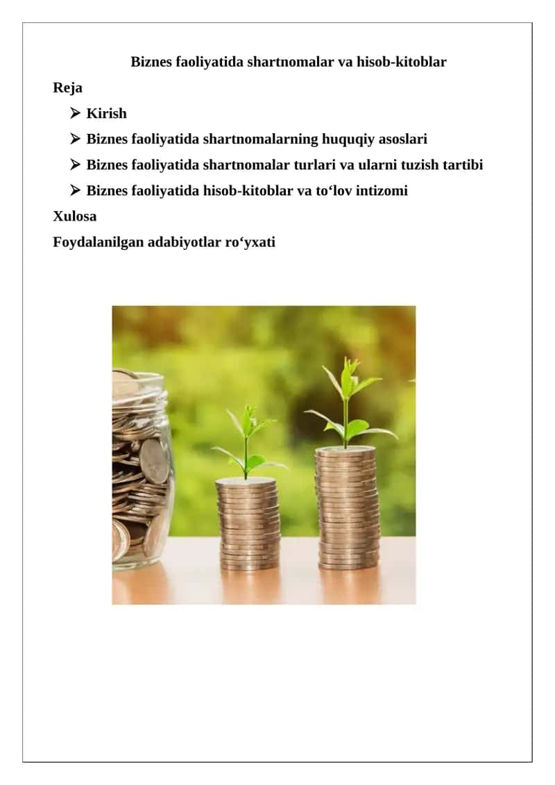 Biznes faoliyatida shartnomalar va hisob-kitoblar