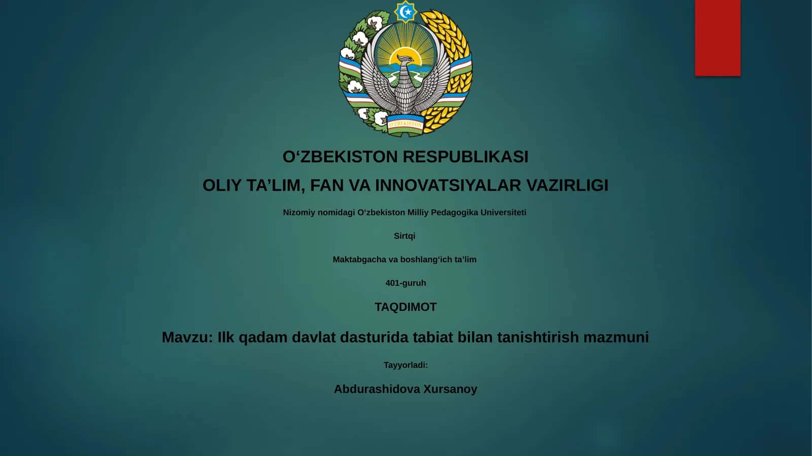 Ilk qadam davlat dasturida tabiat bilan tanishtirish mazmuni
