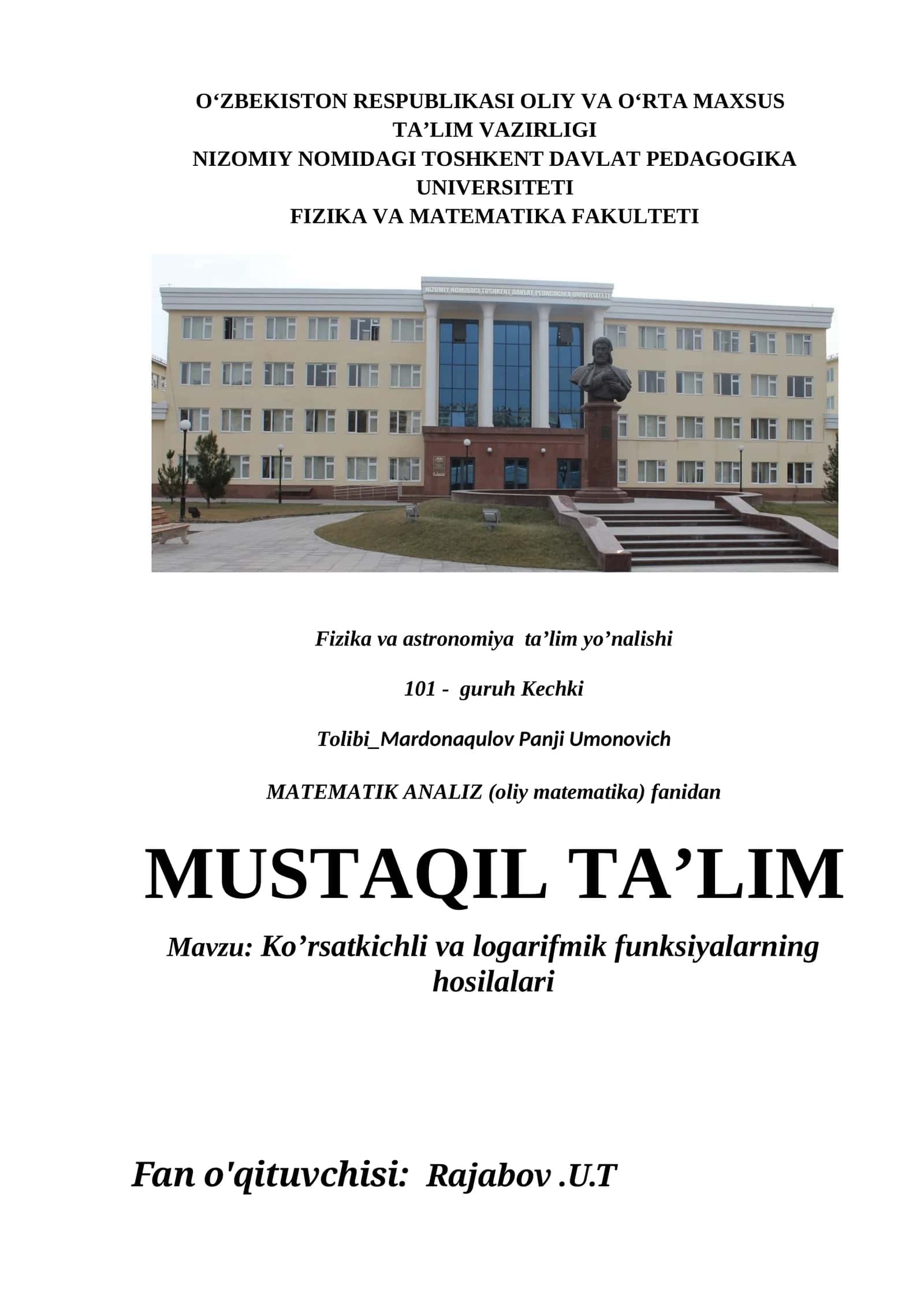 Ko’rsatkichli va logarifmik funksiyalarning hosilalari