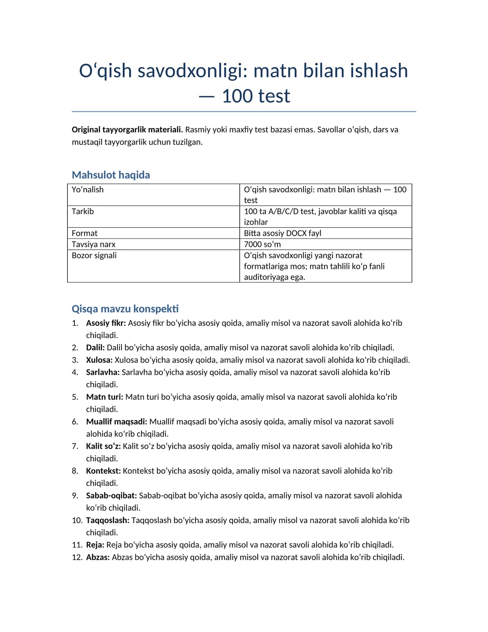 O‘qish savodxonligi: matn bilan ishlash — 100 test