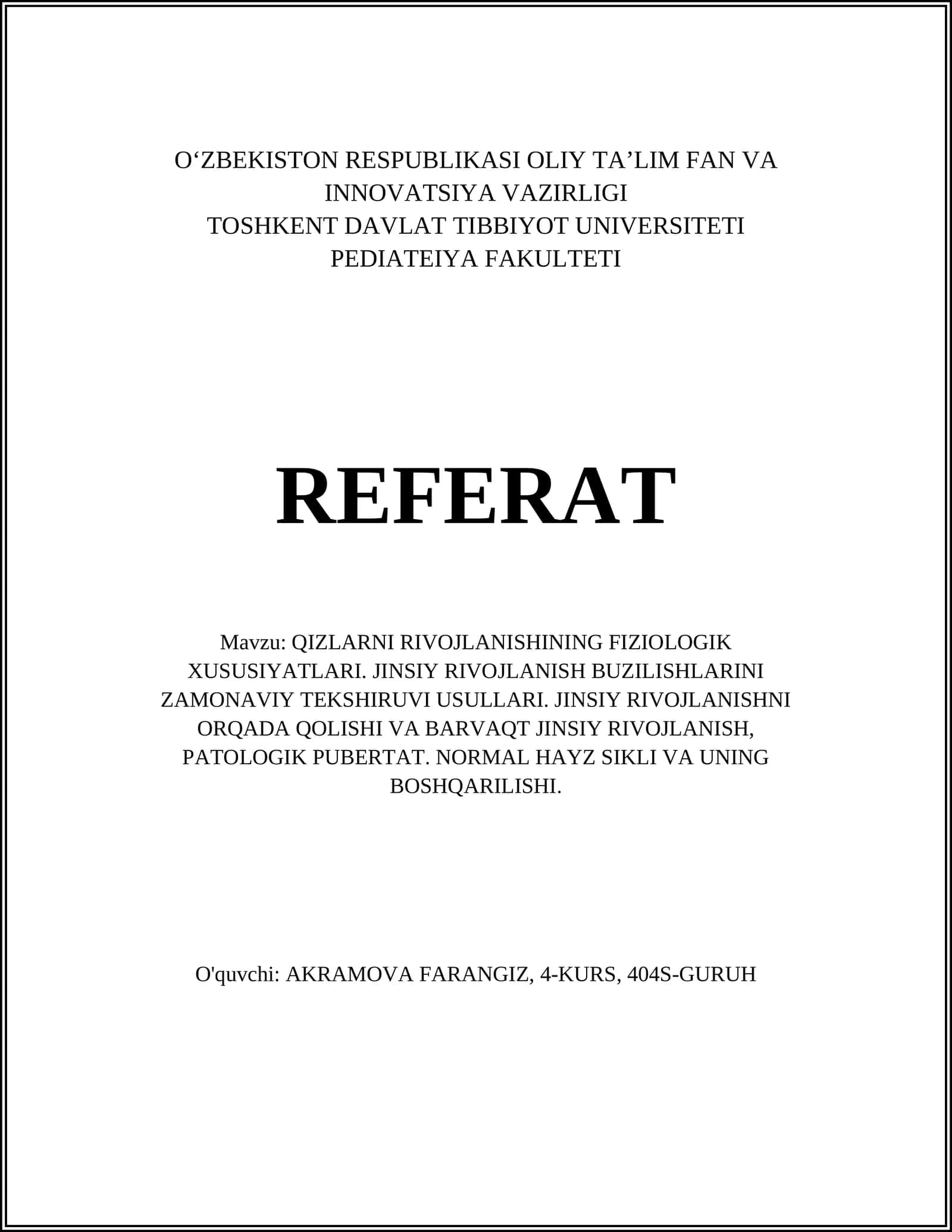 QIZLARNI RIVOJLANISHINING FIZIOLOGIK XUSUSIYATLARI