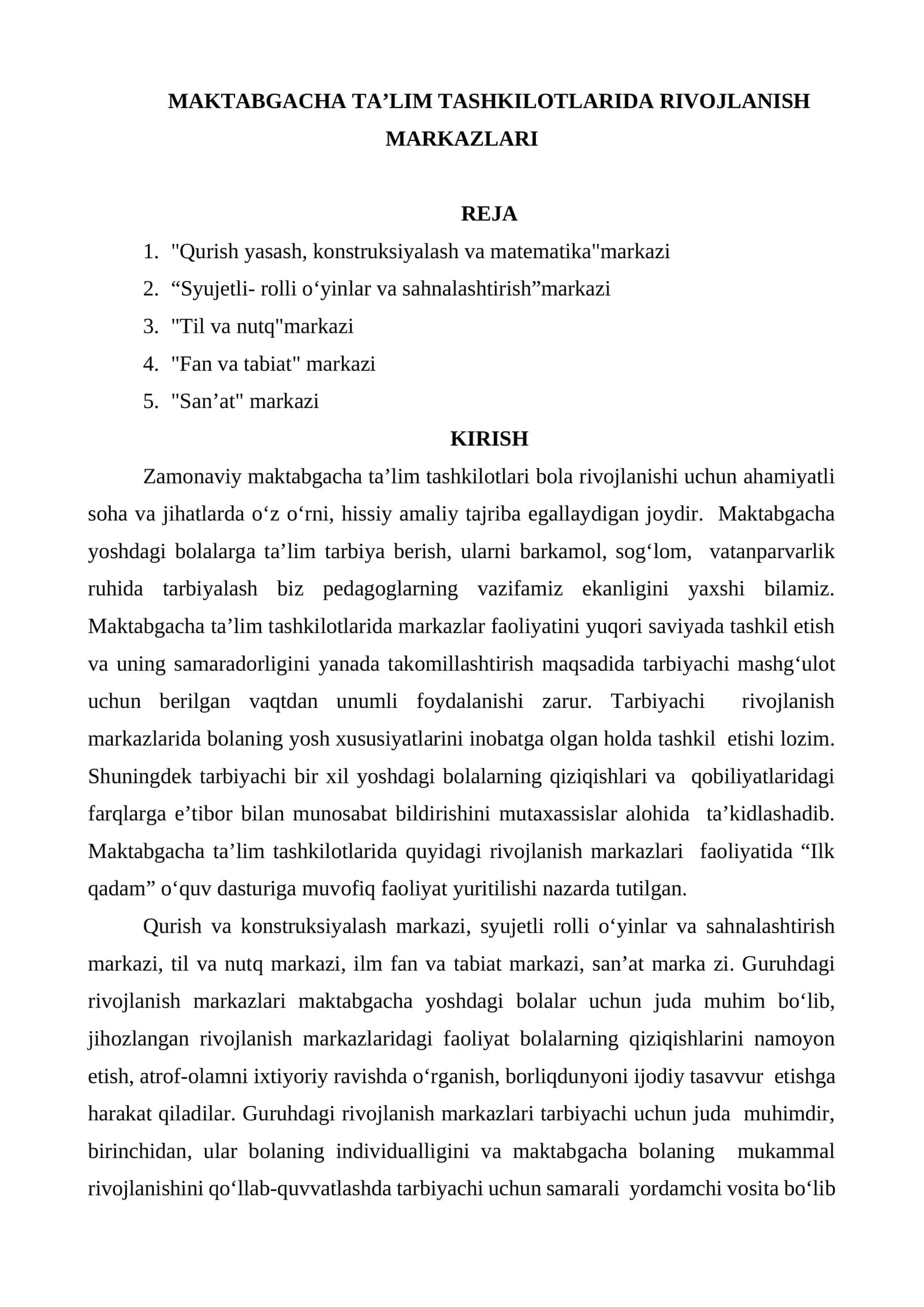 Maktabgacha ta’lim tashkilotlarida rivojlanish markazlari