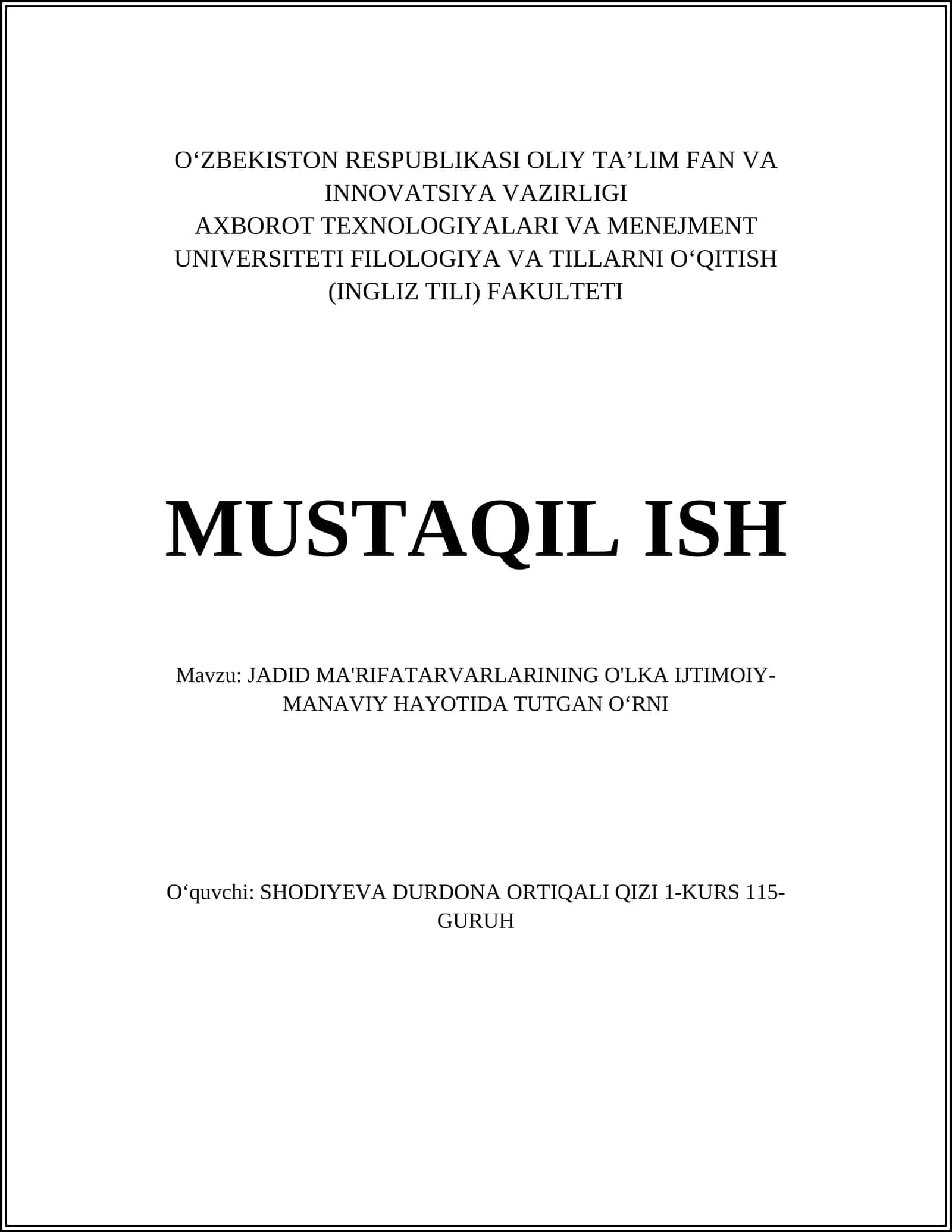 JADID MA'RIFATARVARLARINING O'LKA IJTIMOIY-MANAVIY HAYOTIDA TUTGAN OʻRNI