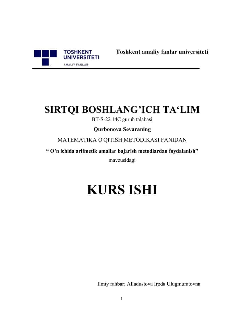 O’n ichida arifmetik amallar bajarish metodlardan foydalanish