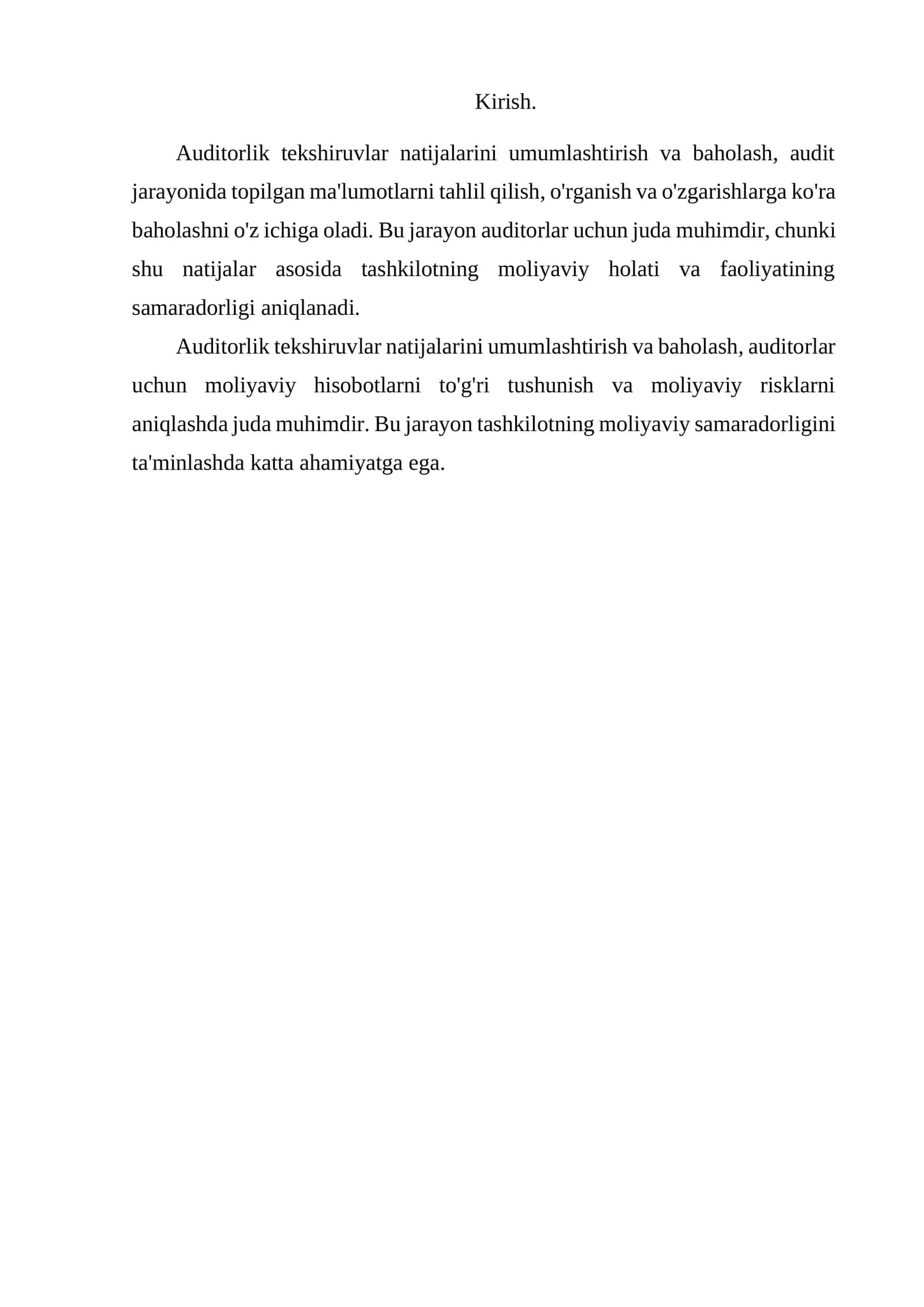 Mavzu: Auditorlik tekshiruvlar natijalarini umumlashtirish va baholash