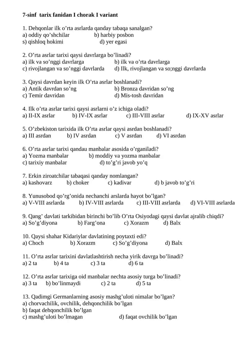 7-sinf tarix fanidan I chorak I variant