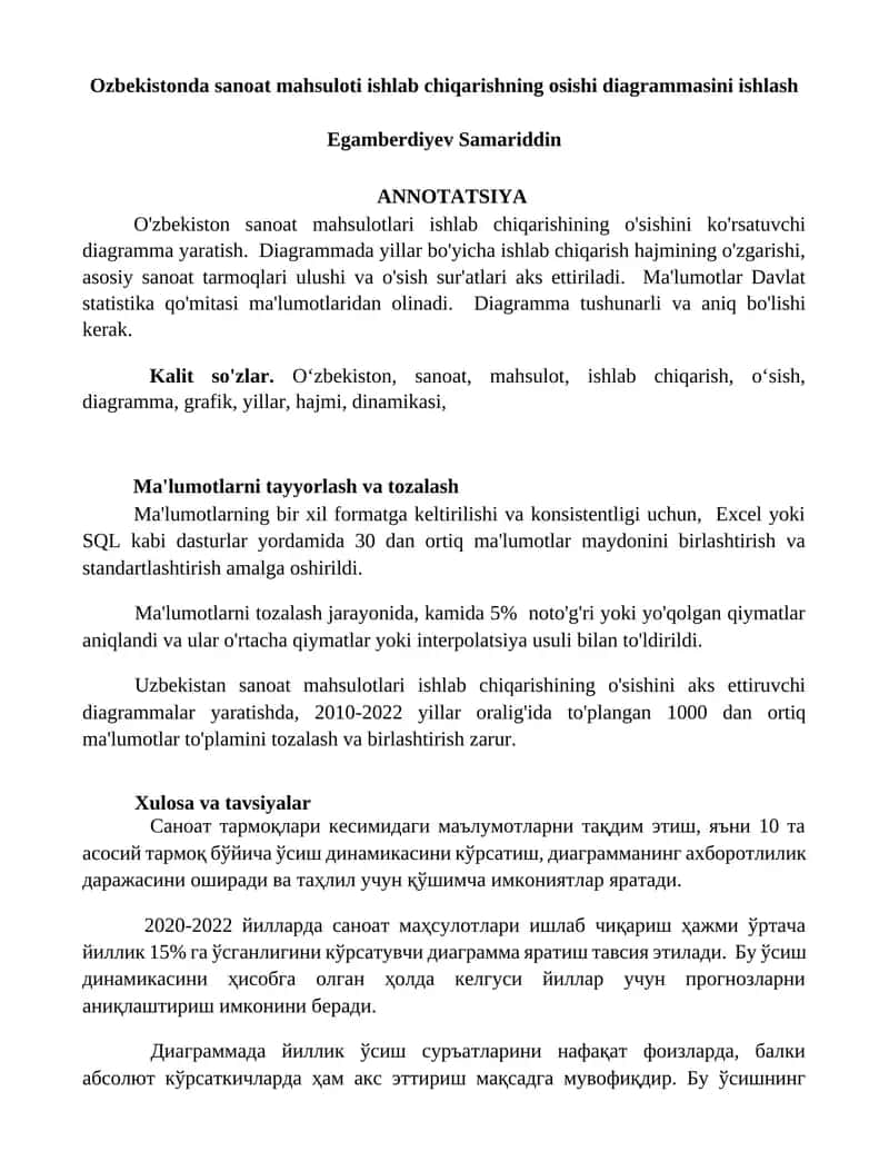 O'zbekistonda sanoat mahsuloti ishlab chiqarishning osishi diagrammasini ishlash