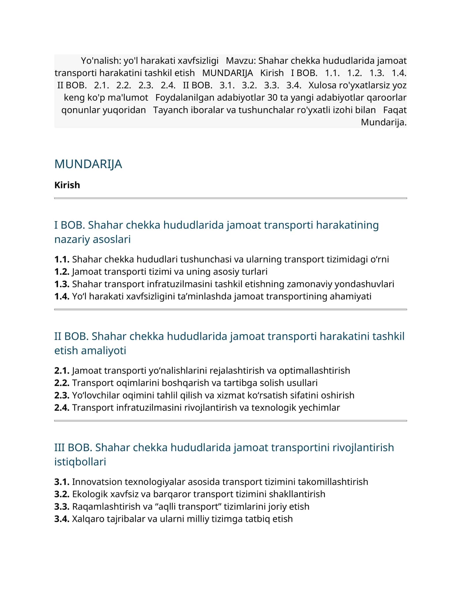 Shahar chekka hududlarida jamoat transporti harakatini tashkil etish