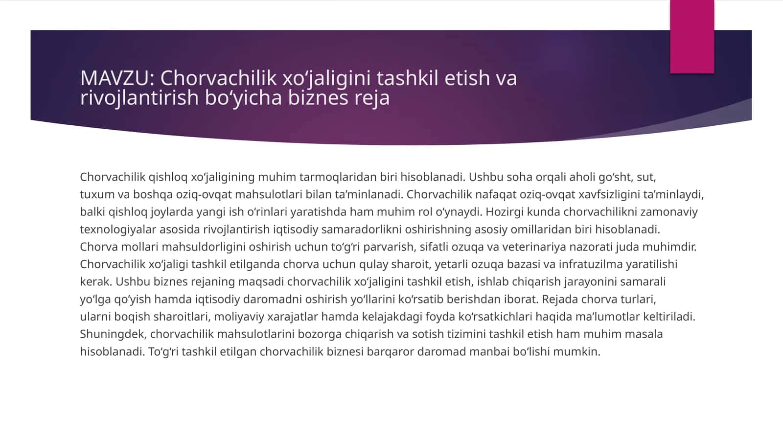 Chorvachilik xo‘jaligini tashkil etish va rivojlantirish bo‘yicha biznes reja