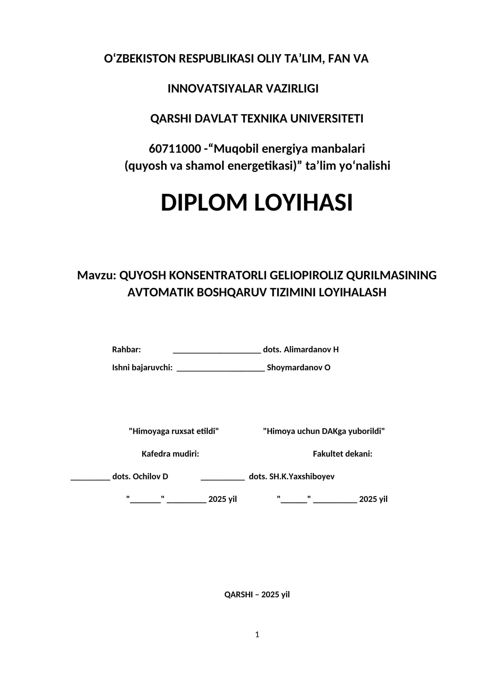 QUYOSH KONSENTRATORLI GELIOPIROLIZ QURILMASINING AVTOMATIK BOSHQARUV TIZIMINI
