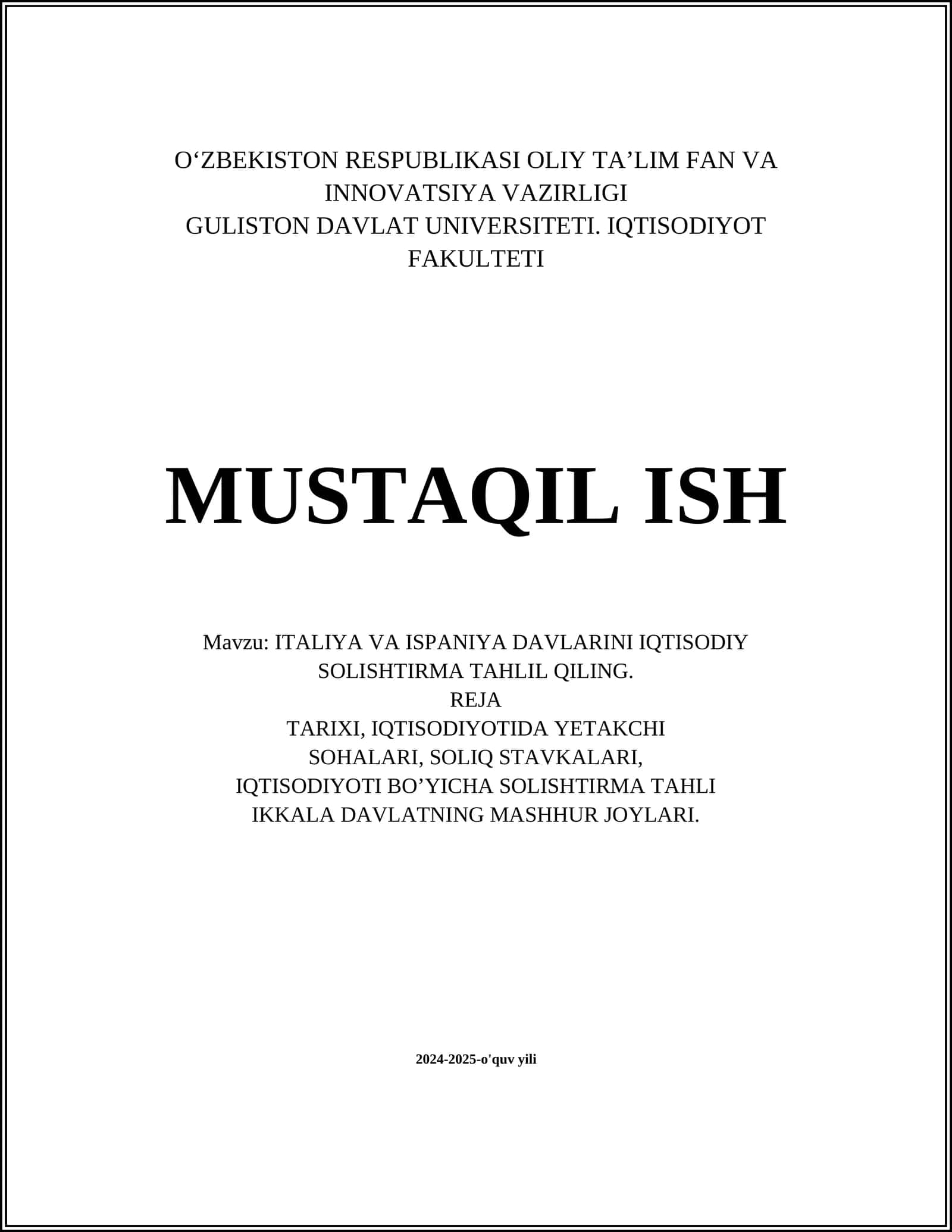 ITALIYA VA ISPANIYA DAVLARINI IQTISODIY SOLISHTIRMA TAHLIL