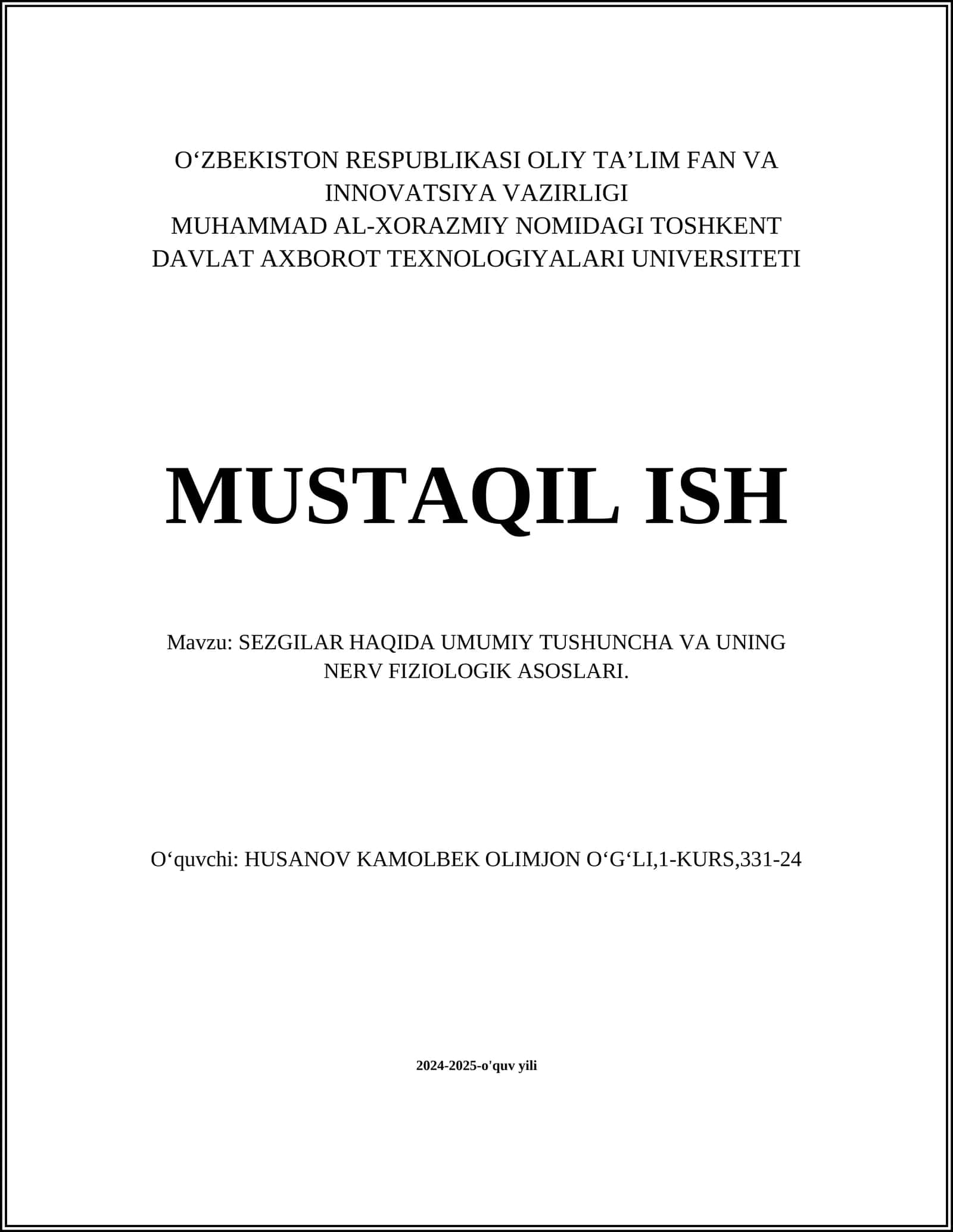 SEZGILAR HAQIDA UMUMIY TUSHUNCHA VA UNING NERV FIZIOLOGIK ASOSLARI
