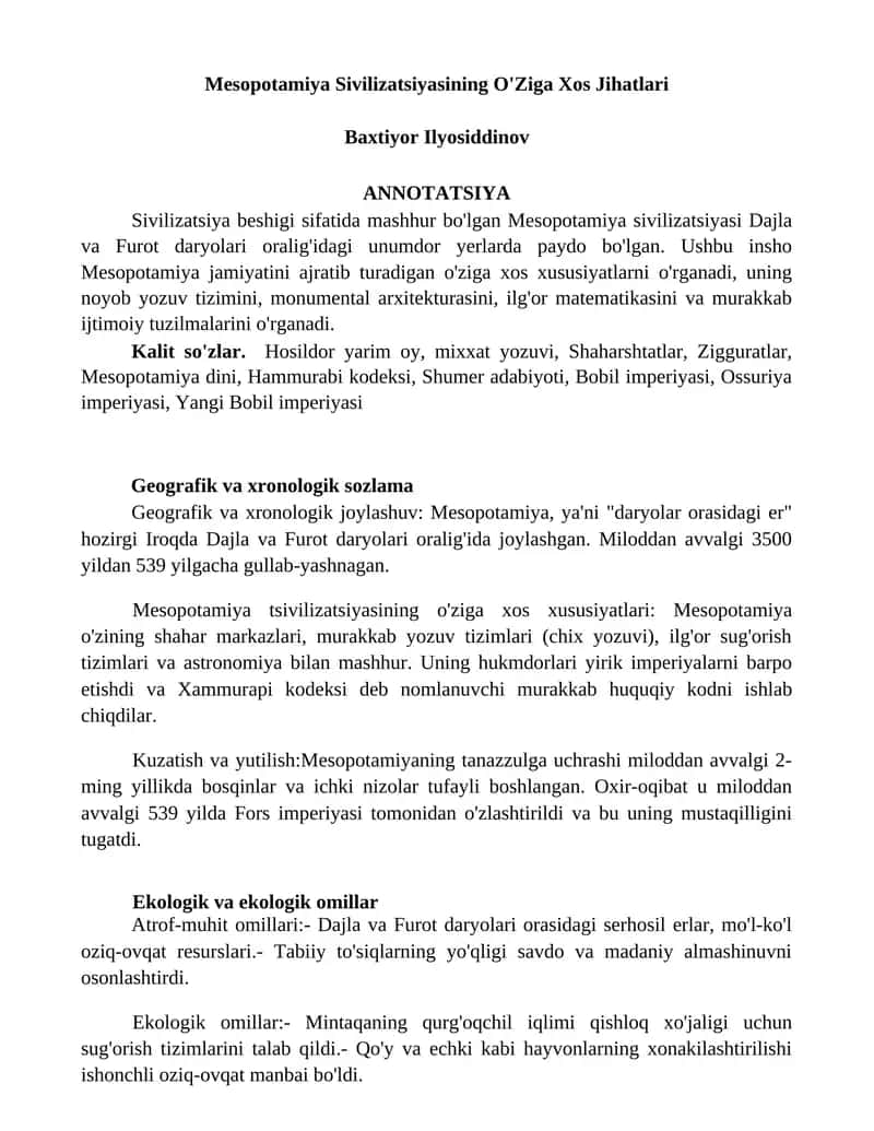 Mesopotamiya Sivilizatsiyasining O'Ziga Xos Jihatlari