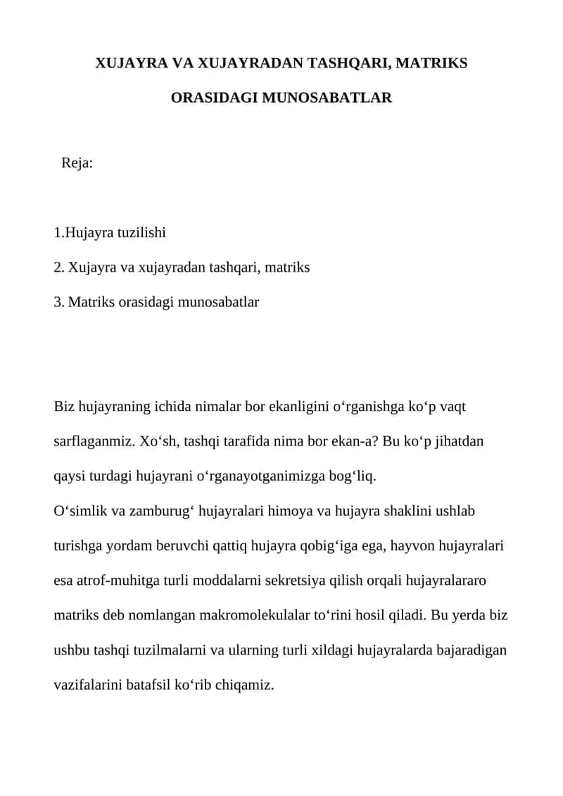 Hujayra va Hujayradan Tashqari, Matriks Orasidagi Munosabatlar