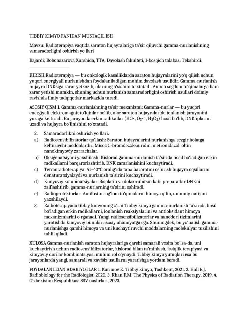 Radioterapiya vaqtida saraton hujayralariga ta’sir qiluvchi gamma-nurlanishning samaradorligini oshirish yo‘llari