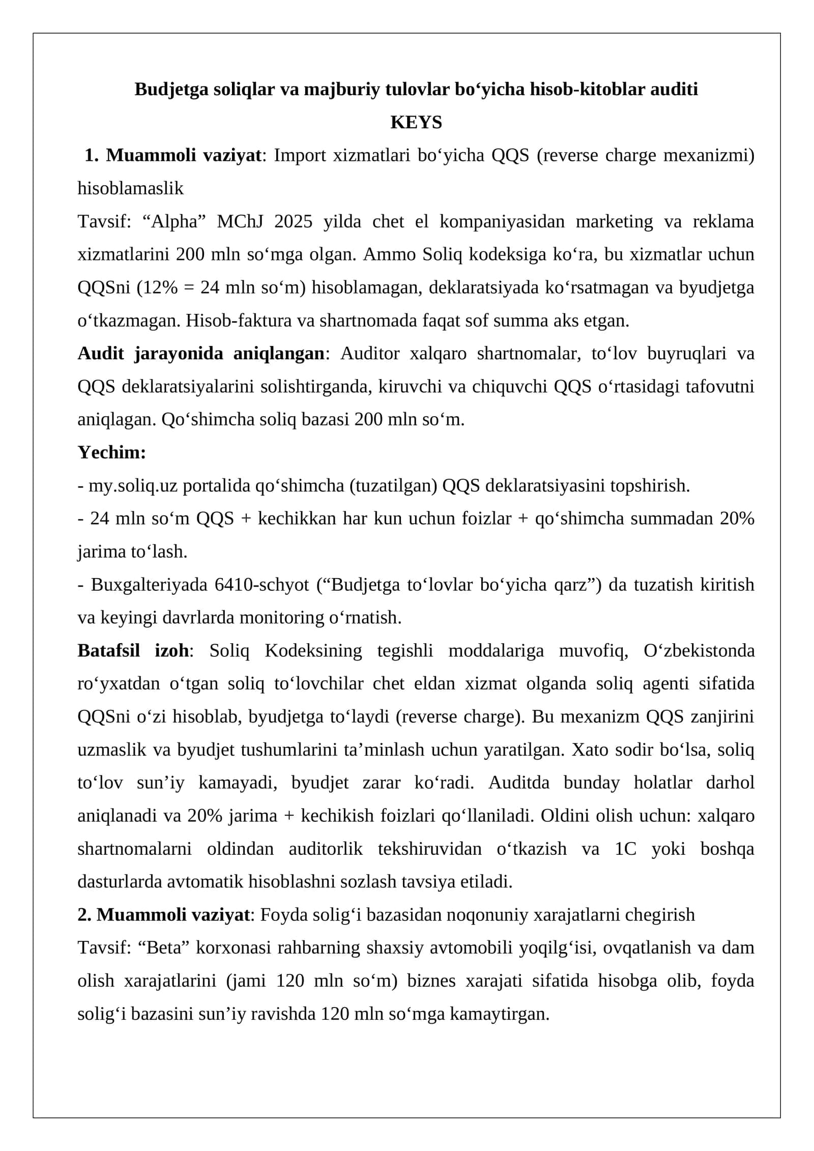 Budjetga soliqlar va majburiy tulovlar bo‘yicha hisob-kitoblar auditi