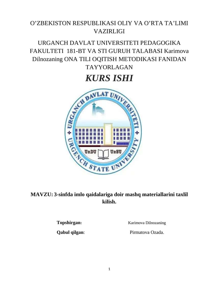 3-sinfda imlo qaidalariga doir mashq materiallarini taxlil kilish