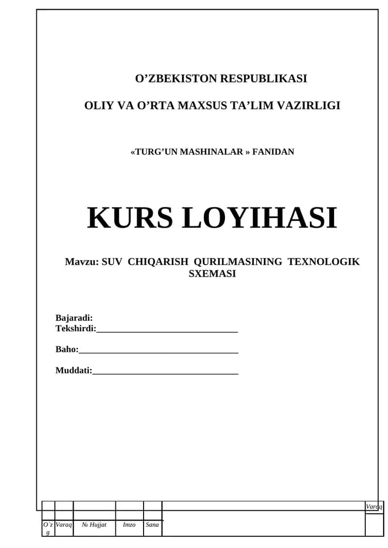 SUV CHIQARISH QURILMASINING TEXNOLOGIK SXEMASI kurs ishi