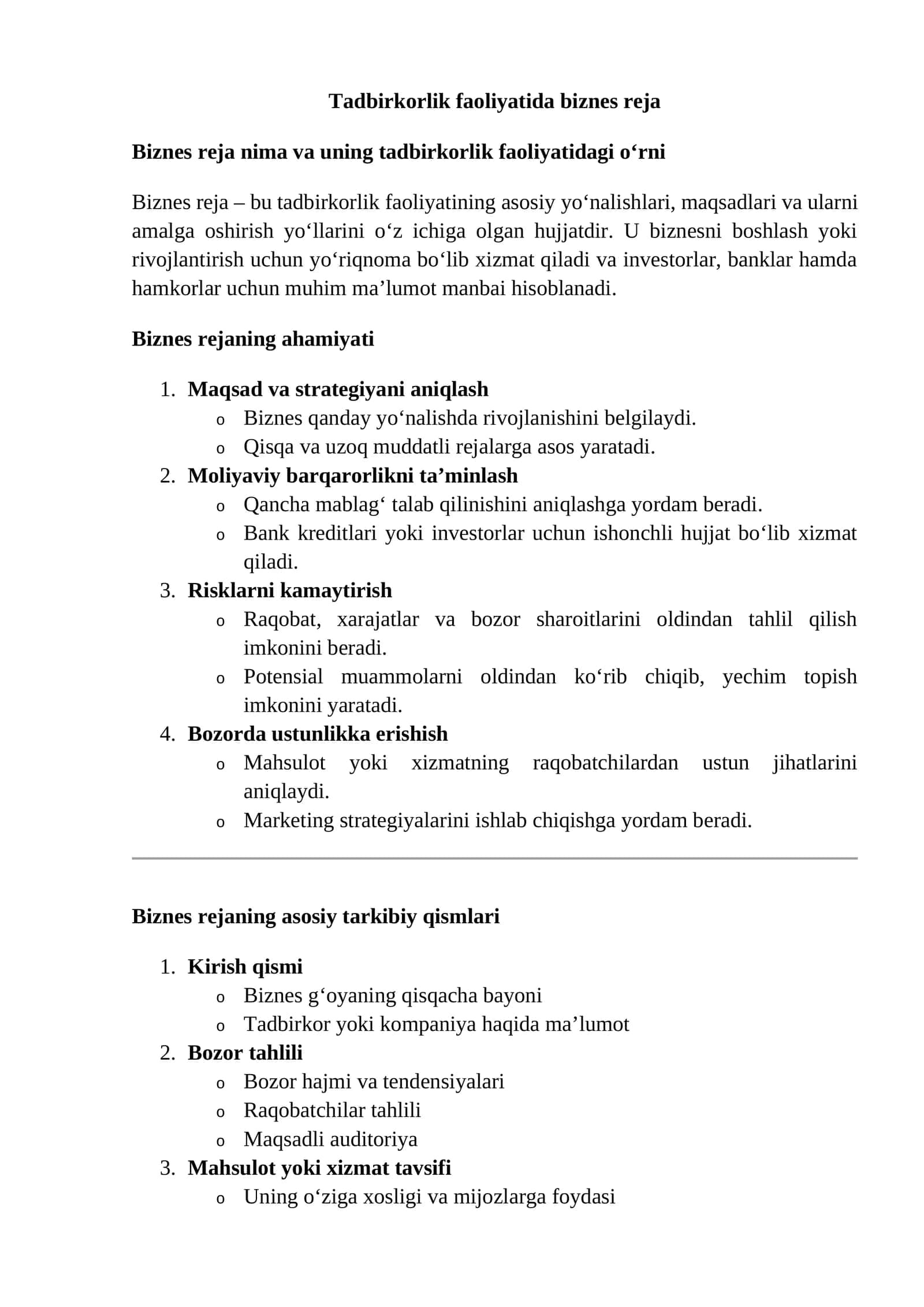 Biznes reja nima va uning tadbirkorlik faoliyatidagi o‘rni