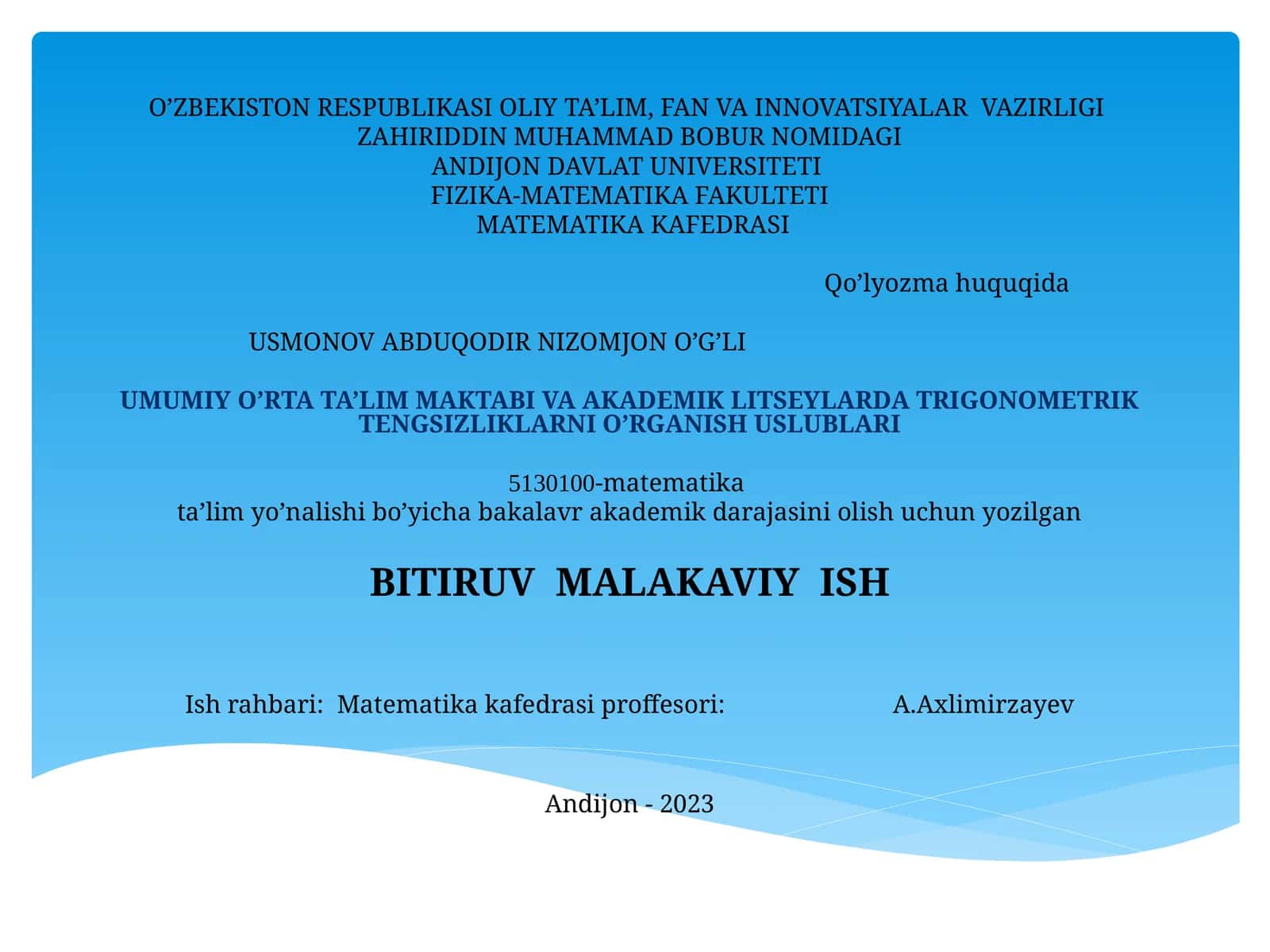 UMUMIY O’RTA TA’LIM MAKTABI VA AKADEMIK LITSEYLARDA TRIGONOMETRIK TENGSIZLIKLARNI O’RGANISH USLUBLARI