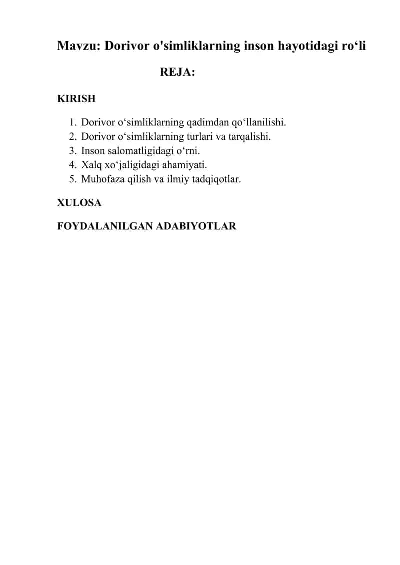 Dorivor o'simliklarning inson hayotidagi roli