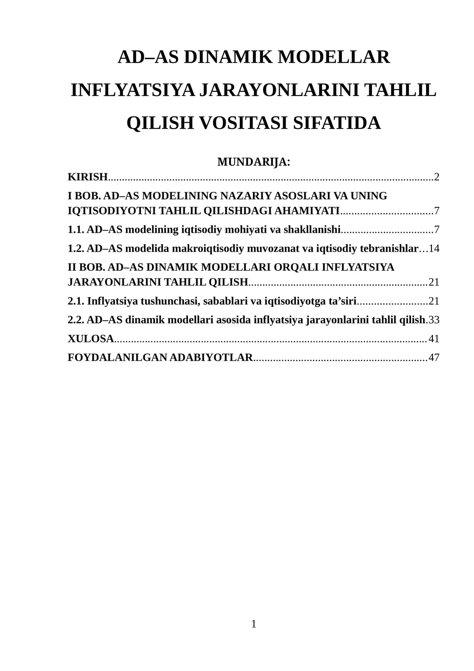 AD–AS DINAMIK MODELLAR INFLYATSIYA JARAYONLARINI TAHLIL QILISH VOSITASI SIFATIDA