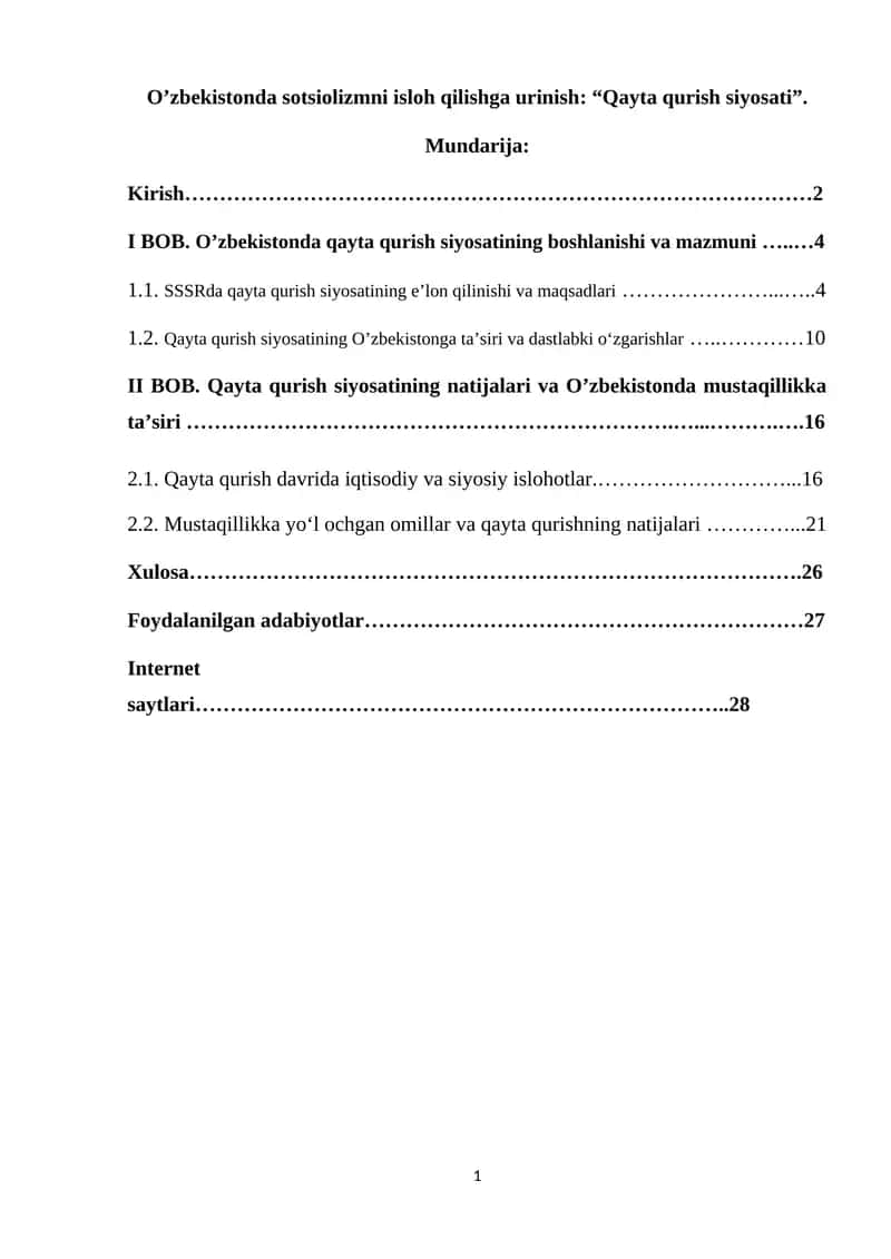 O'zbekistonda sotsiolizmni isloh qilishga urinish: “Qayta qurish siyosati”