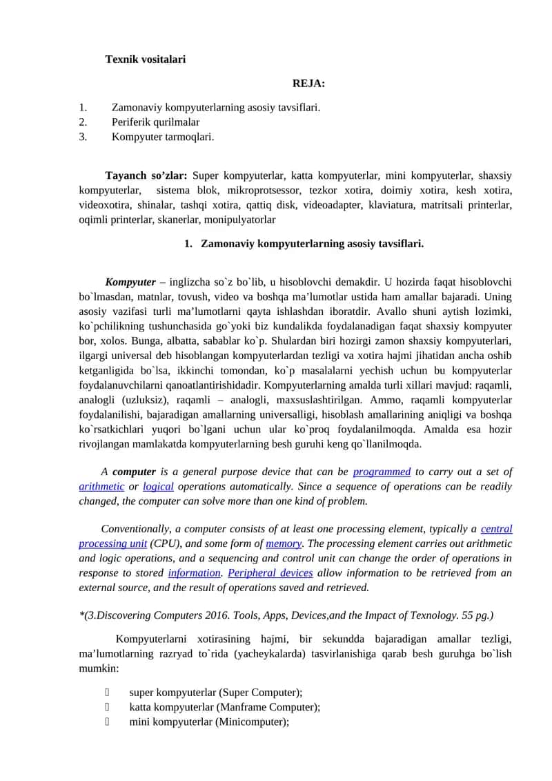 Zamonaviy kompyuterlarning asosiy tavsiflari