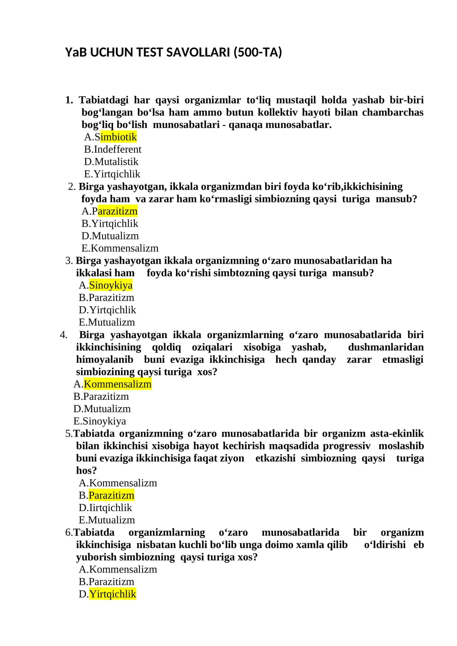 YaB UCHUN TEST SAVOLLARI (500-TA)
