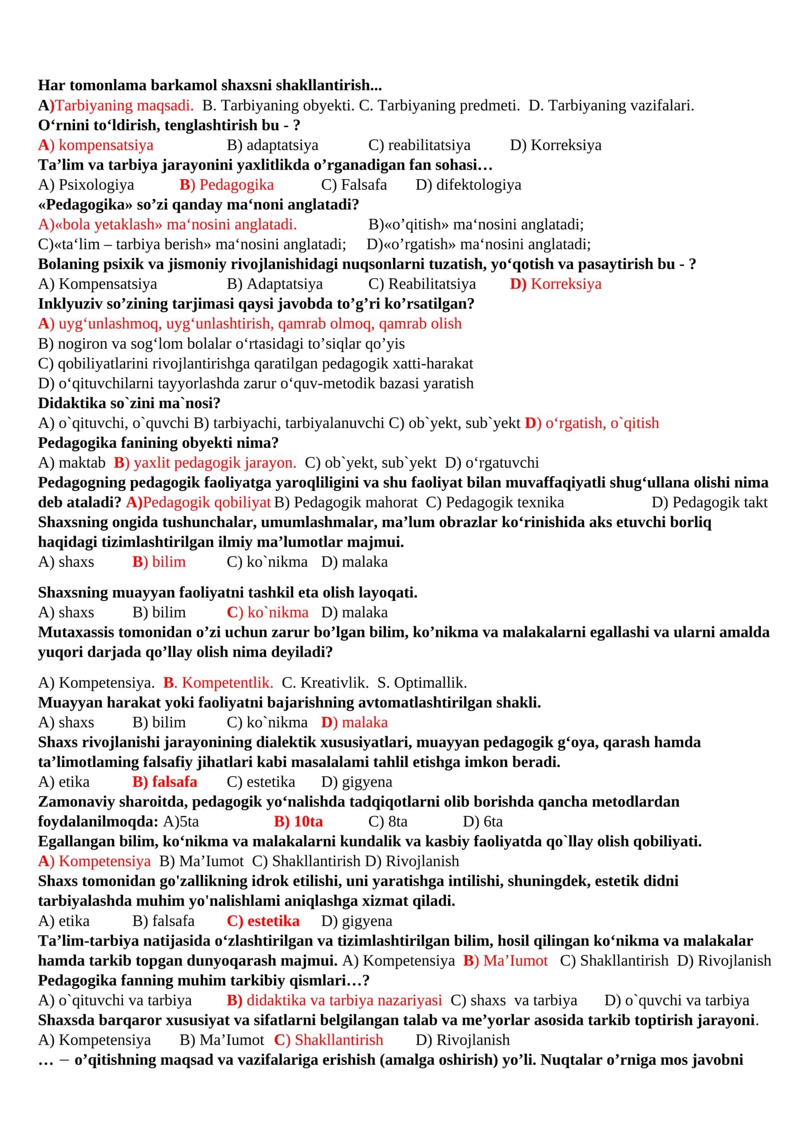 Pedagogika fanidan test savollar