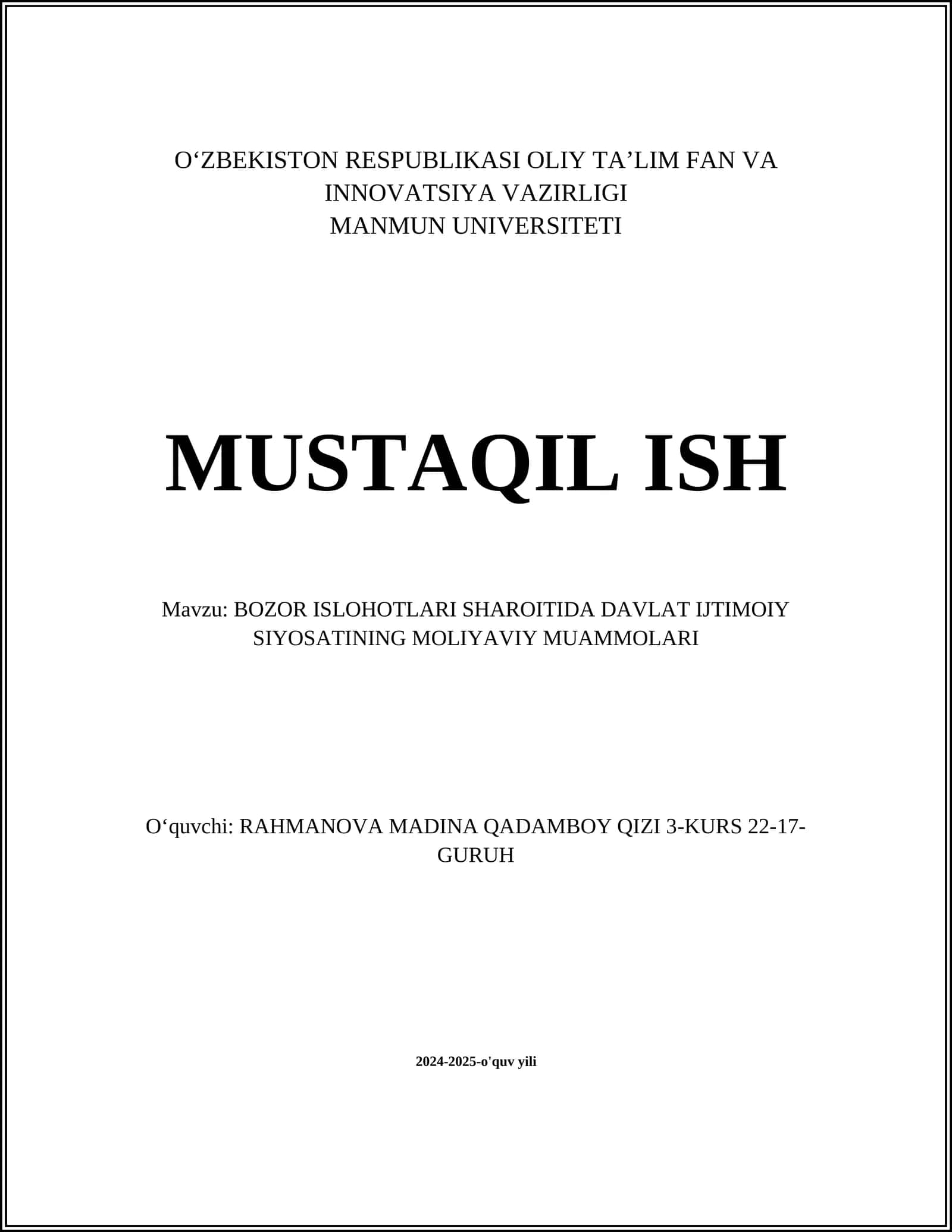 BOZOR ISLOHOTLARI SHAROITIDA DAVLAT IJTIMOIY SIYOSATINING MOLIYAVIY MUAMMOLARI