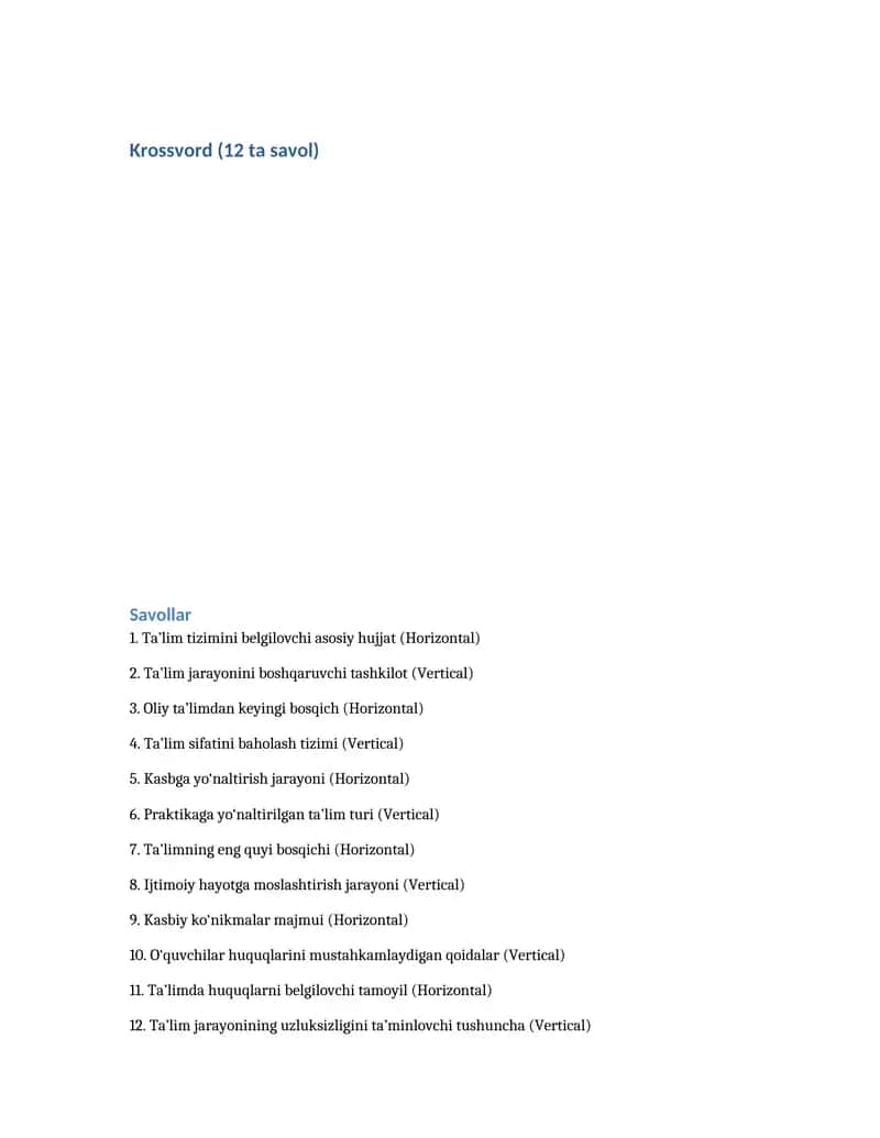 Krossvord (12 ta savol)