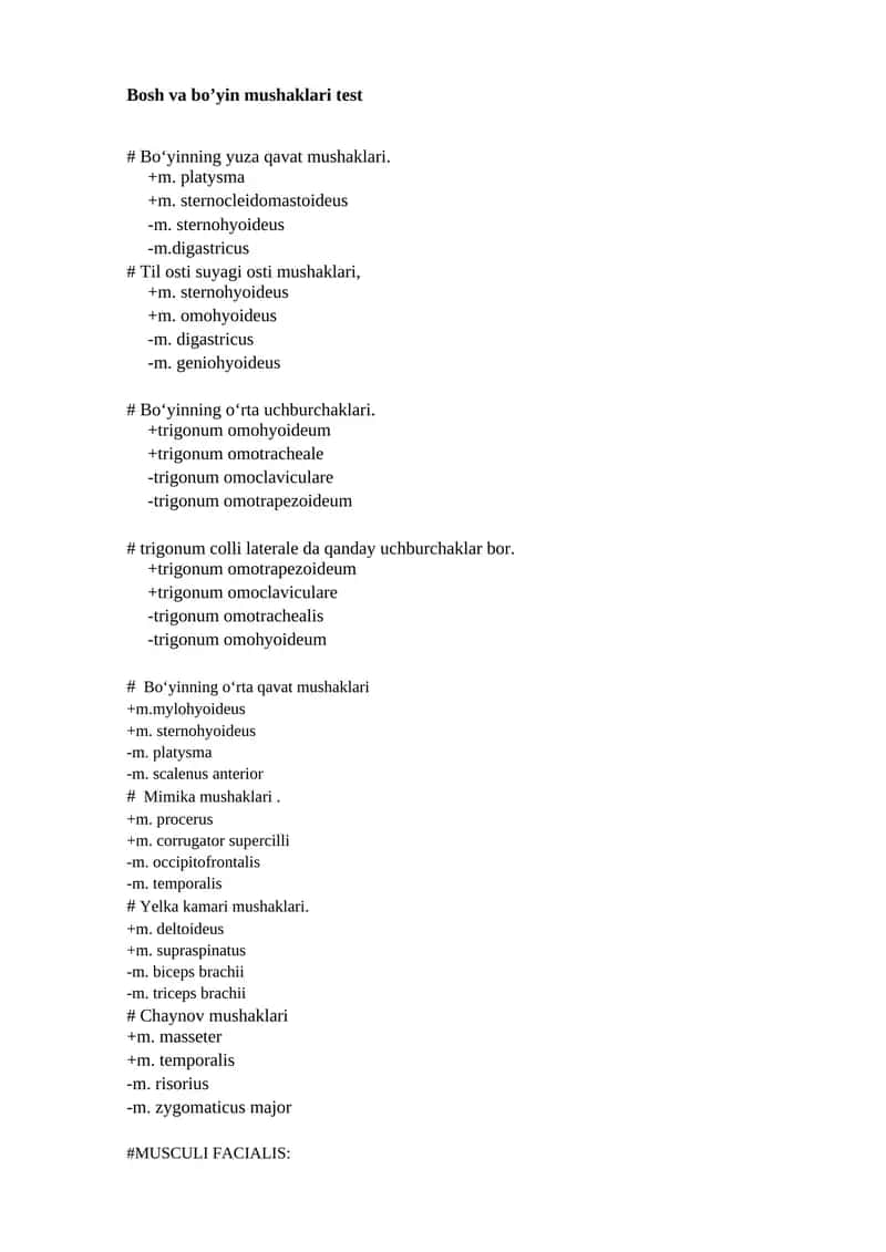 Bosh va bo’yin mushaklari test