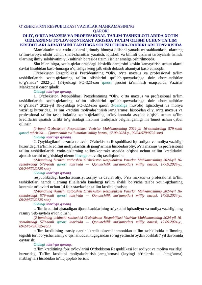 OLIY, O‘RTA MAXSUS VA PROFESSIONAL TA’LIM TASHKILOTLARIDA XOTIN-QIZLARNING TO‘LOV-KONTRAKT ASOSIDA TA’LIM OLISHI UCHUN TA’LIM KREDITLARI AJRATISHNI TARTIBGA SOLISH CHORA-TADBIRLARI TO‘G‘RISIDA