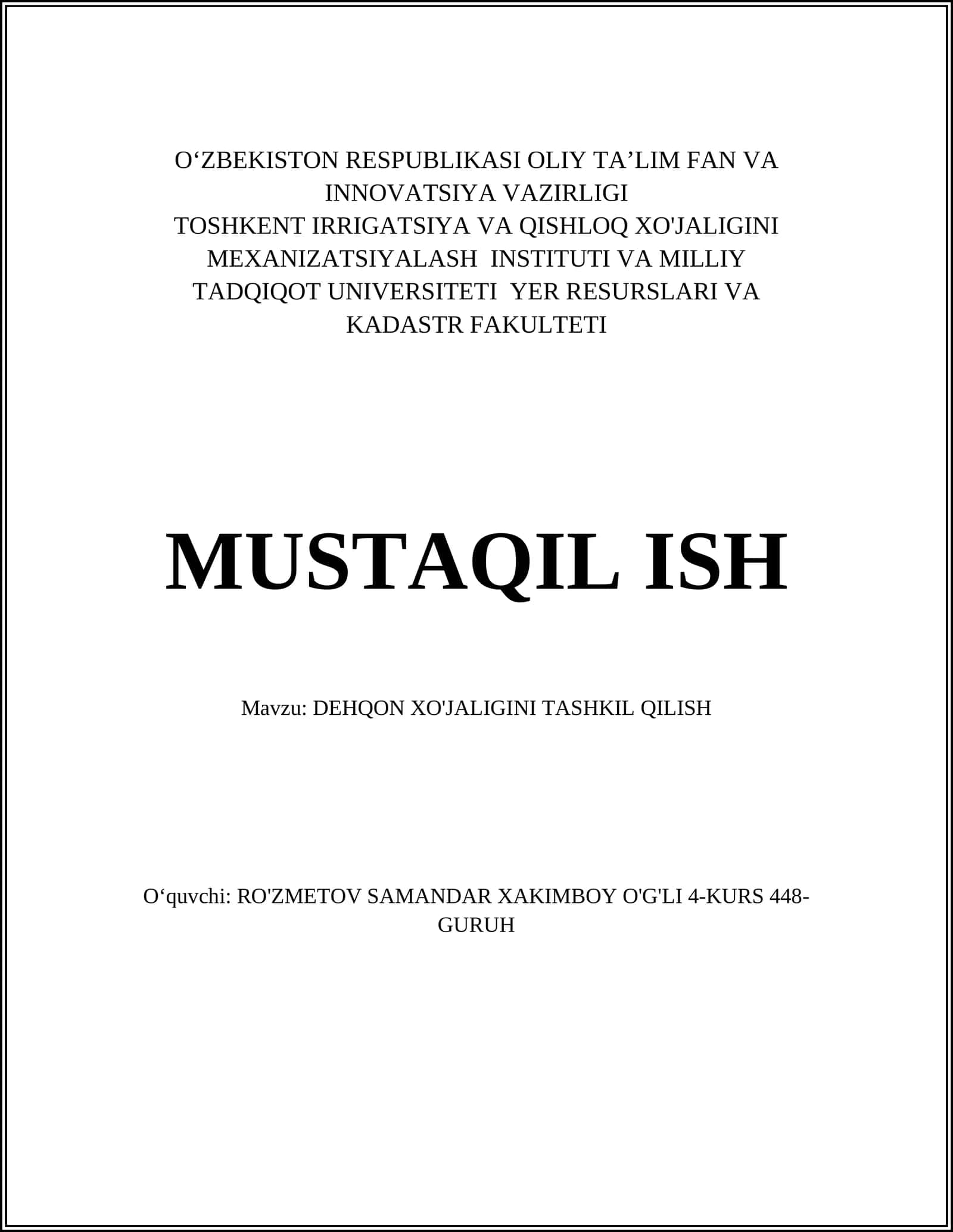 DEHQON XO'JALIGINI TASHKIL QILISH