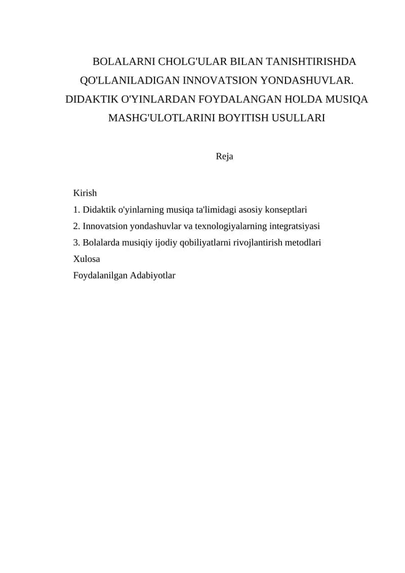 Didaktik O'yinlar va Musiqa Mashg'ulotlari