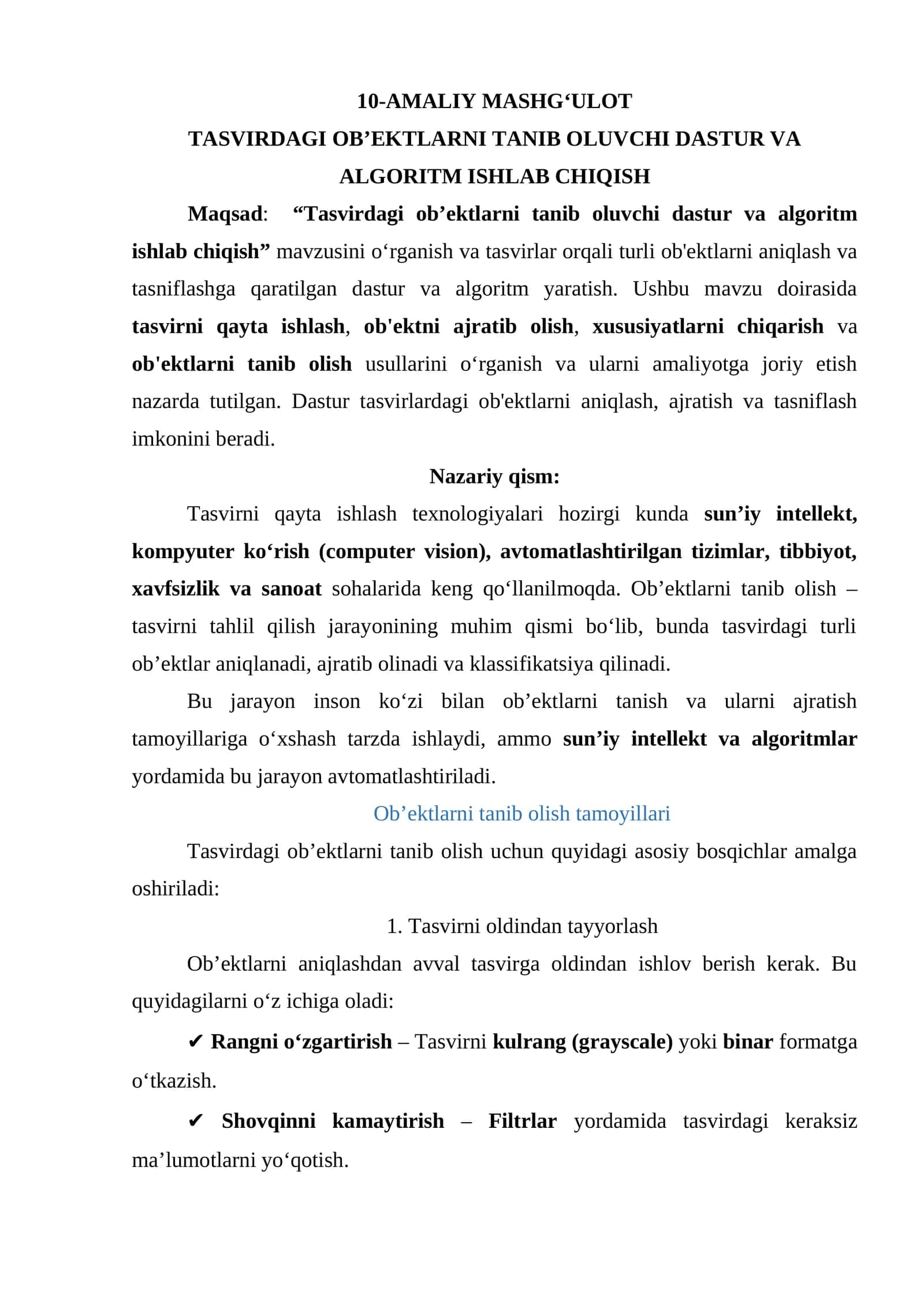 10-AMALIY MASHGʻULOT TASVIRDAGI OB’EKTLARNI TANIB OLUVCHI DASTUR VA ALGORITM ISHLAB CHIQISH