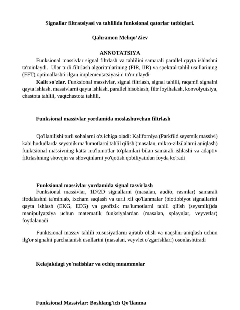 Signallar filtratsiyasi va tahlilida funksional qatorlar tatbiqlari