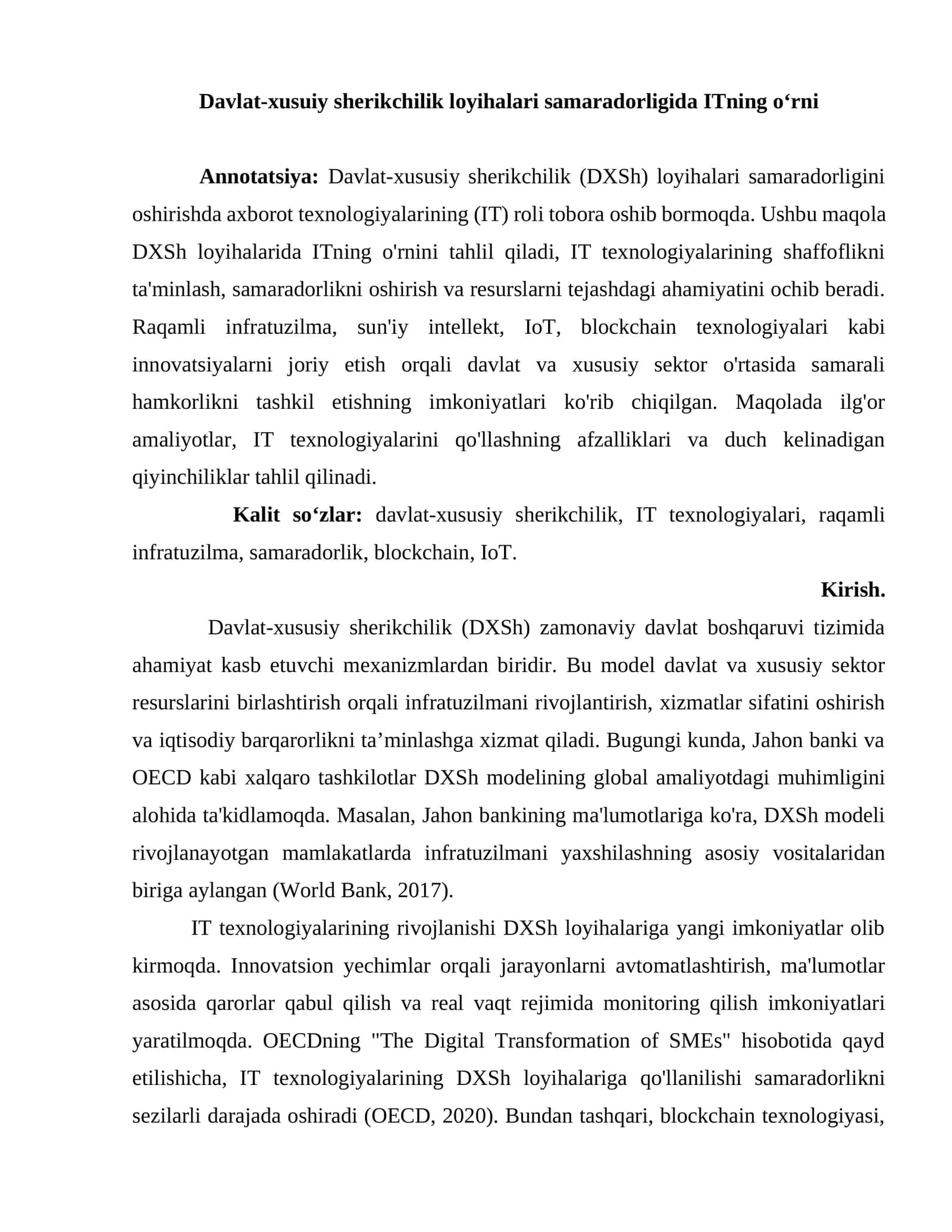 Davlat-xusuiy sherikchilik loyihalari samaradorligida ITning o‘rni