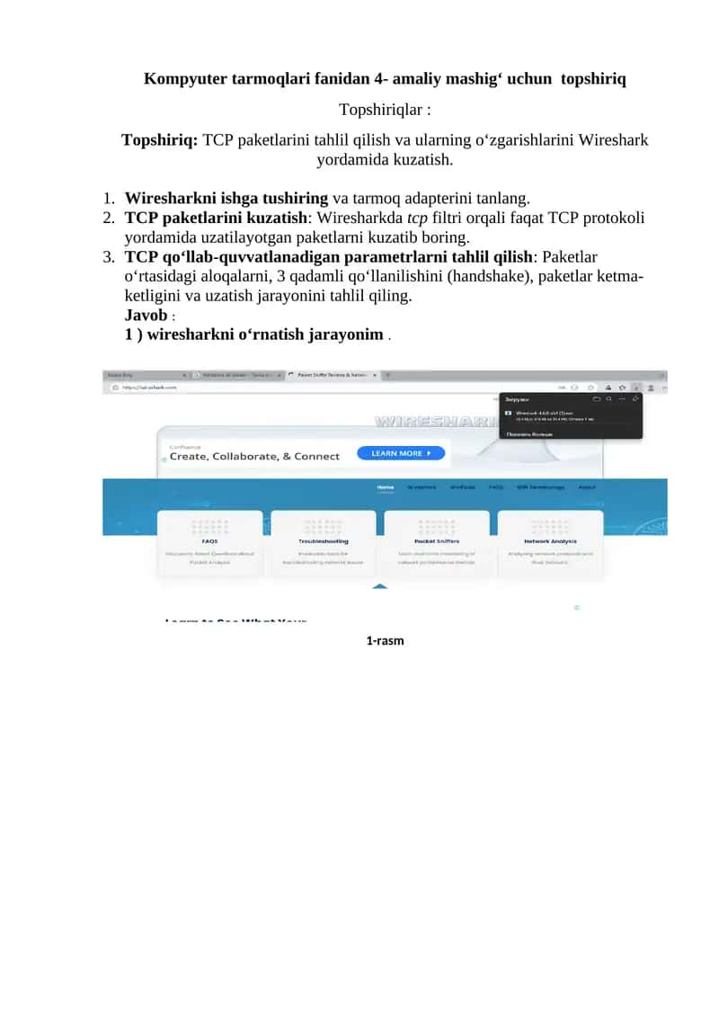 TCP paketlarini tahlil qilish va ularning o‘zgarishlarini Wireshark yordamida kuzatish