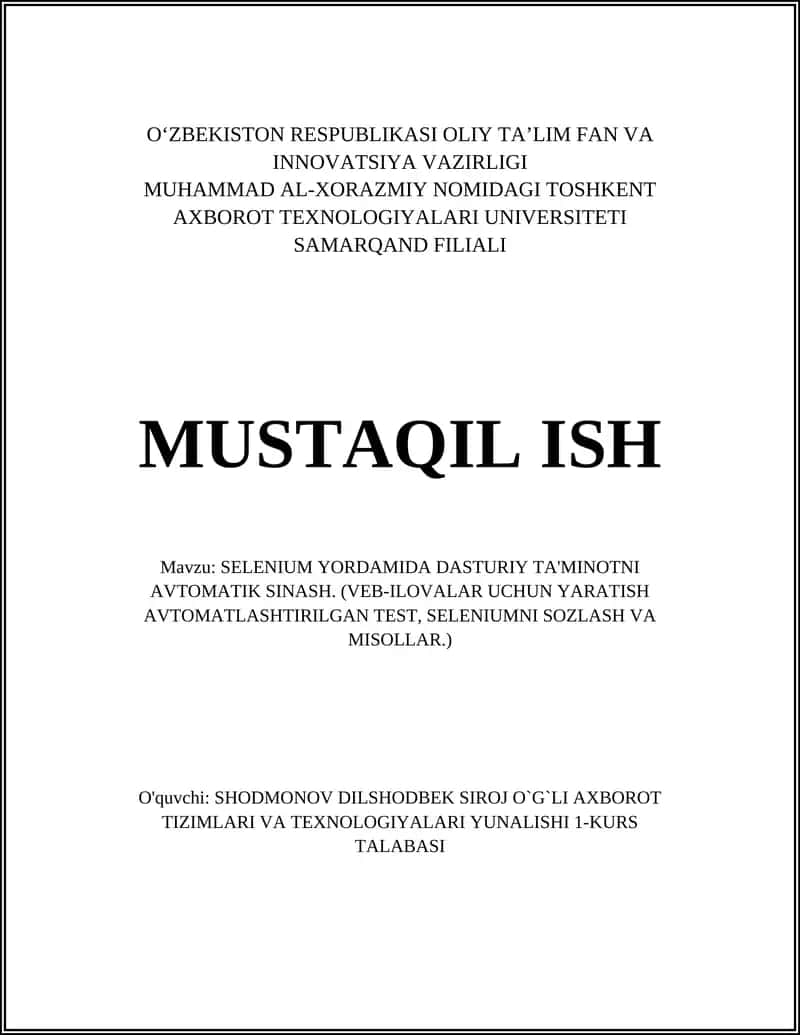 SELENIUM YORDAMIDA DASTURIY TA'MINOTNI AVTOMATIK SINASH