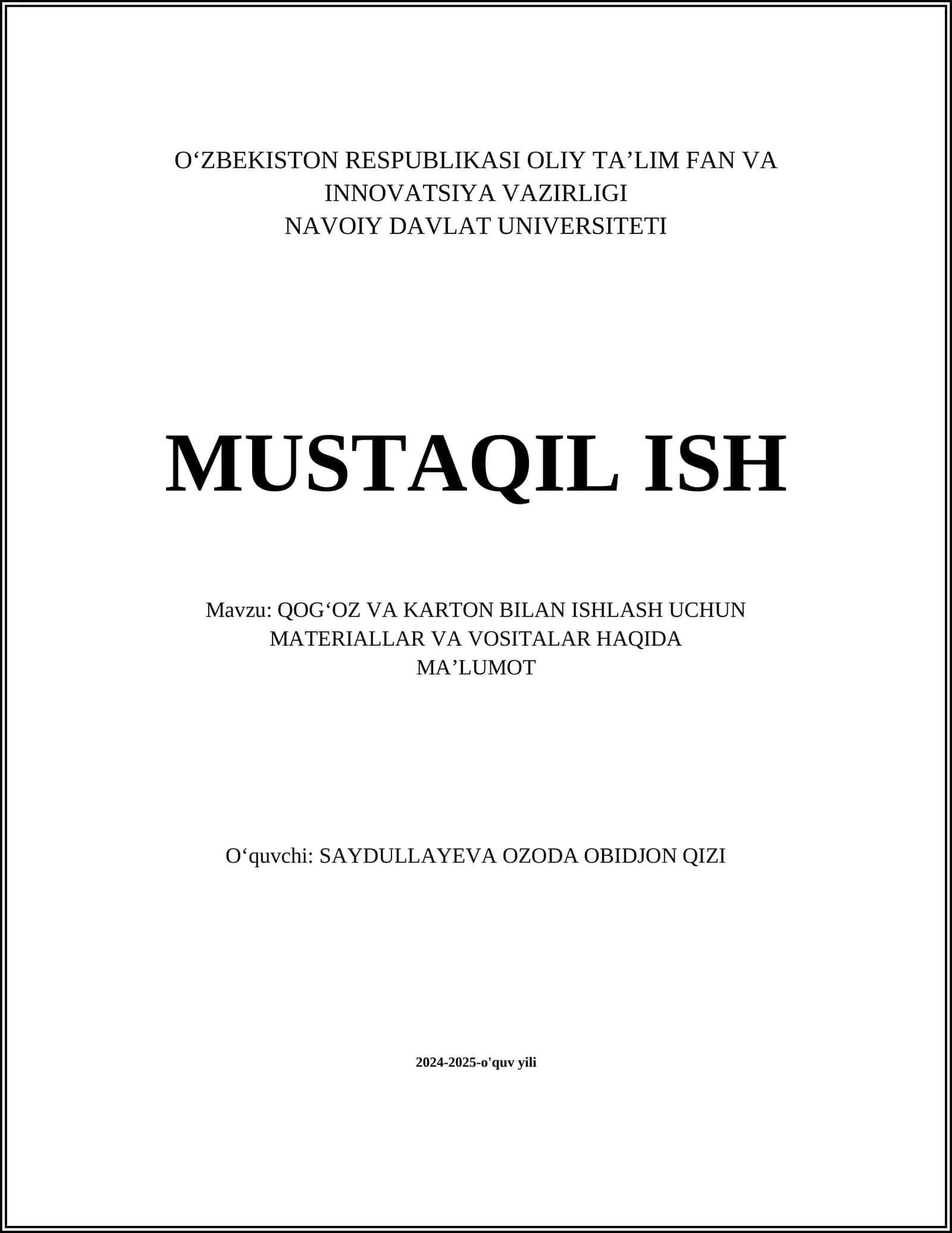 QOG‘OZ VA KARTON BILAN ISHLASH UCHUN MATERIALLAR VA VOSITALAR HAQIDA