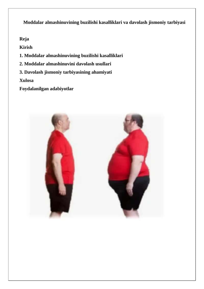 Moddalar almashinuvining buzilishi kasalliklari va davolash jismoniy tarbiyasi