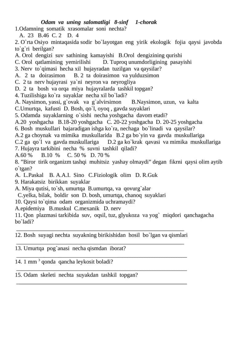 Odam va uning salomatligi 8-sinf