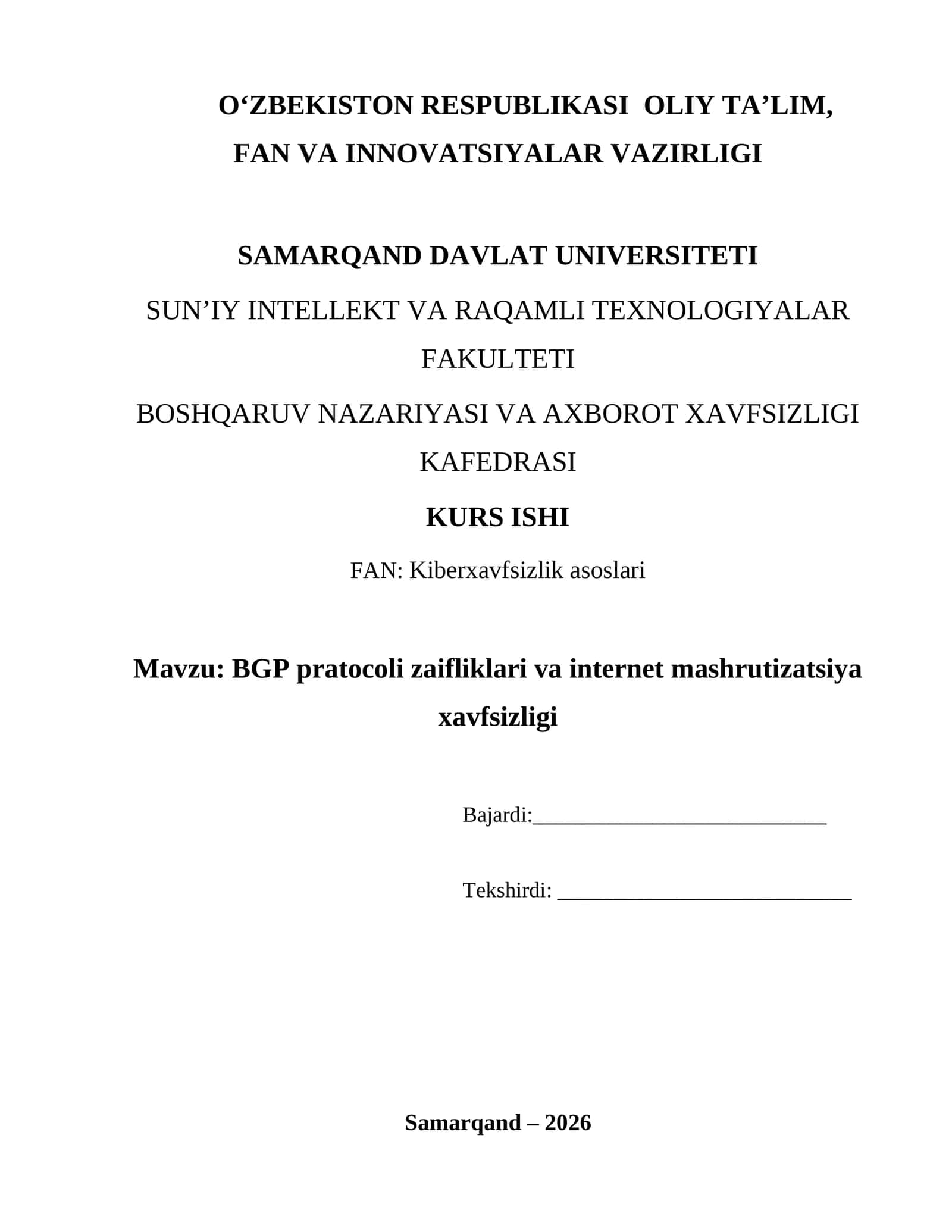 BGP pratocoli zaifliklari va internet mashrutizatsiya xavfsizligi