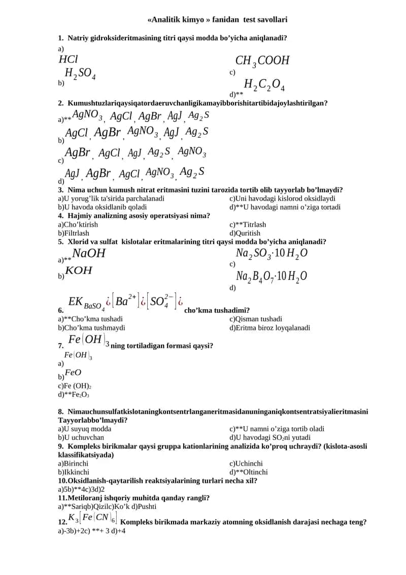 Analitik kimyo fanidan test savollari