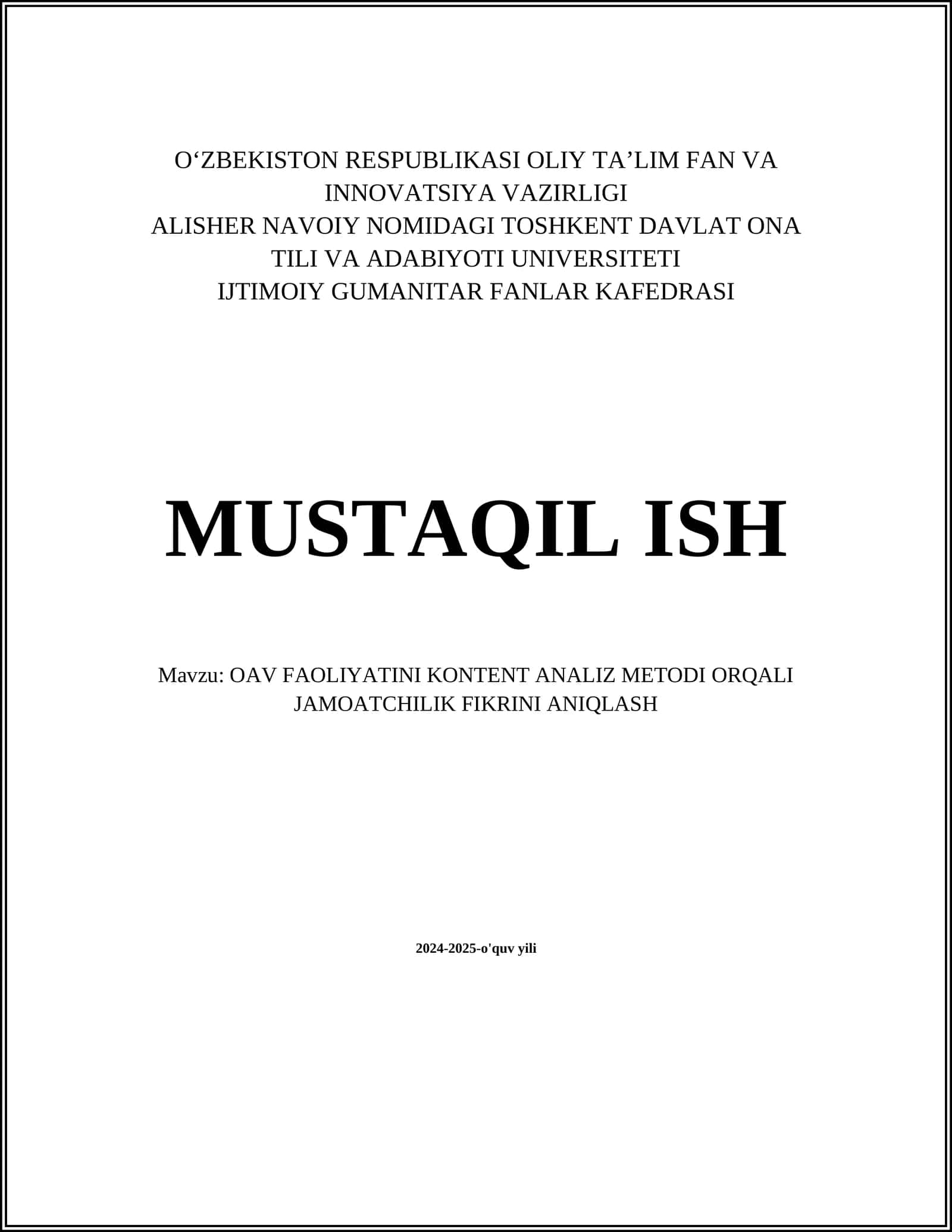 OAV FAOLIYATINI KONTENT ANALIZ METODI ORQALI JAMOATCHILIK FIKRINI ANIQLASH