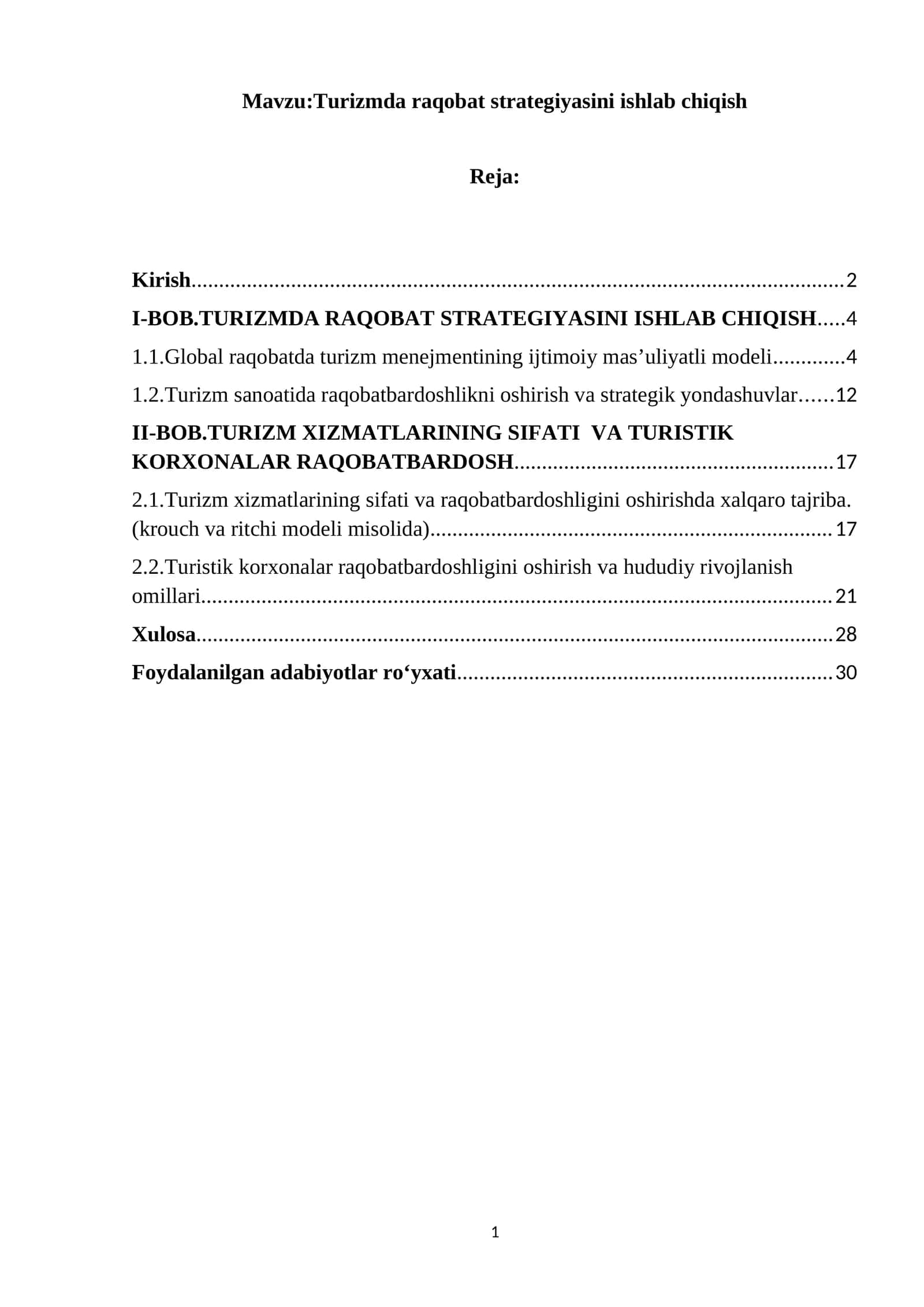 Turizmda raqobat strategiyasini ishlab chiqish