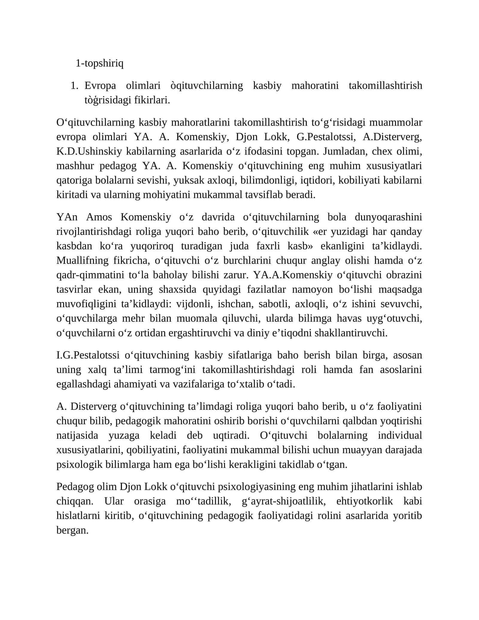 Evropa olimlari òqituvchilarning kasbiy mahoratini takomillashtirish tòģrisidagi fikirlari