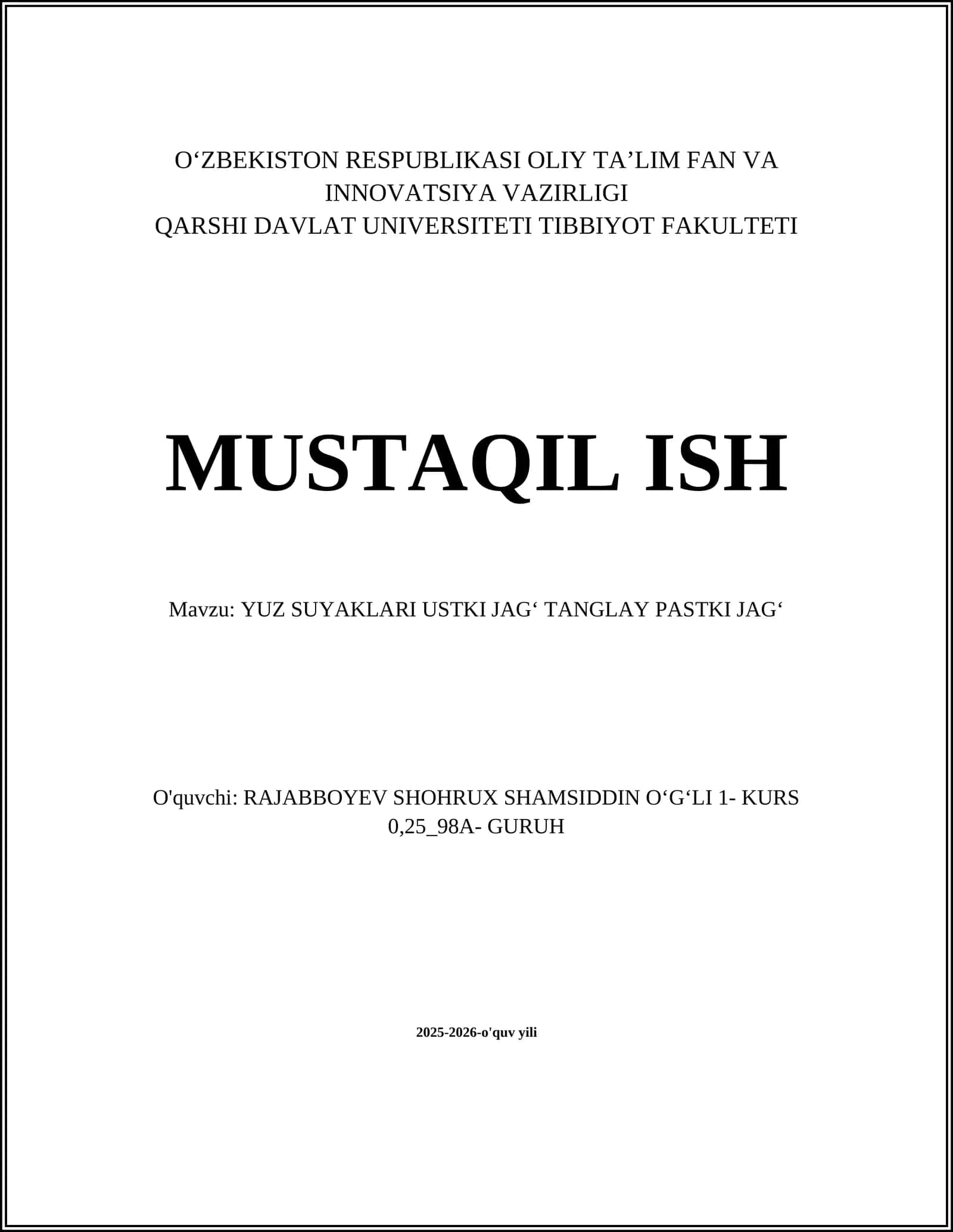 YUZ SUYAKLARI USTKI JAGʻ TANGLAY PASTKI JAGʻ